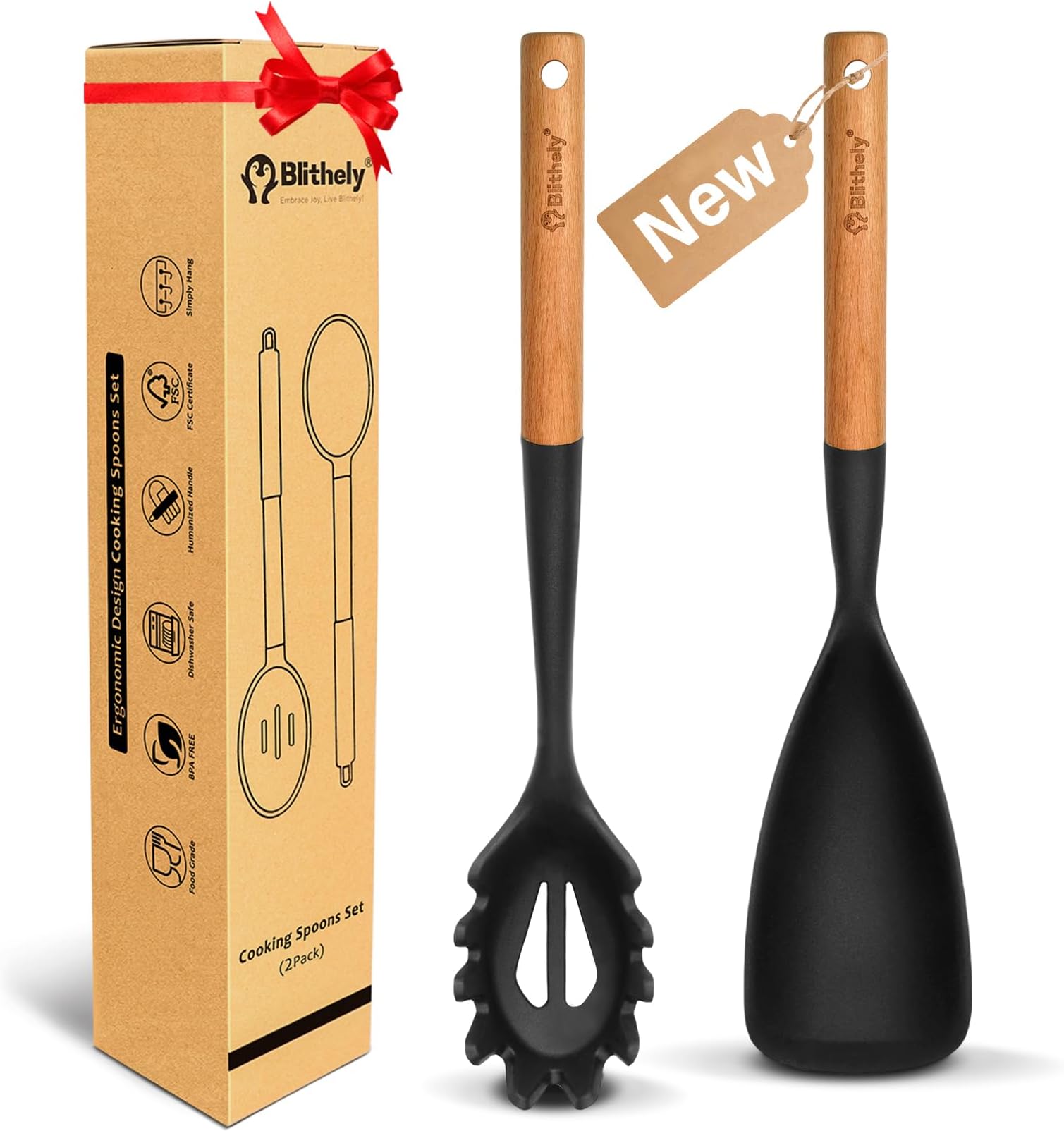 - Silicone Cooking Spoon and Pasta Fork Set, 2 Pack Large Spatula Spoons Set with Wooden Handle, Nonstick Multifunction Spoon for Cooking, Serving, Mixing and Spaghetti (Black)