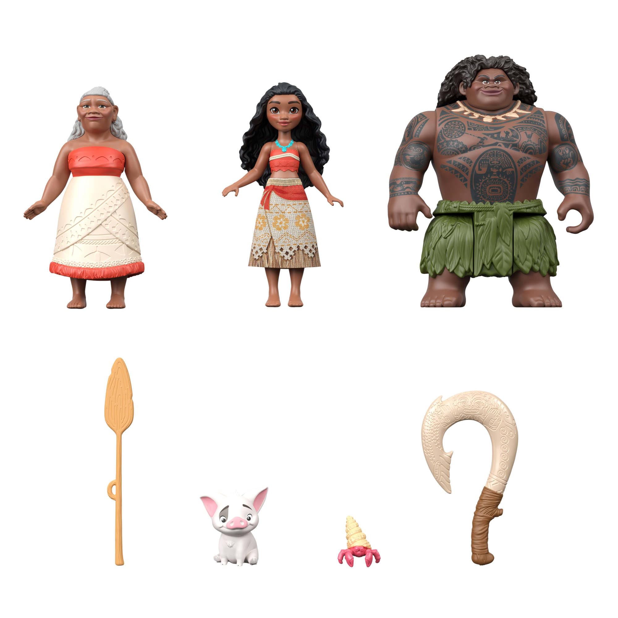 Mattel Disney Vaiana kleine Puppen im 3er-Set mit Vaiana, dem Halbgott Maui und Gramma Tala sowie dem Schwein Pua, Krabbenfigur und 2 Zubehörteilen, vom Film inspiriert, JLN21
