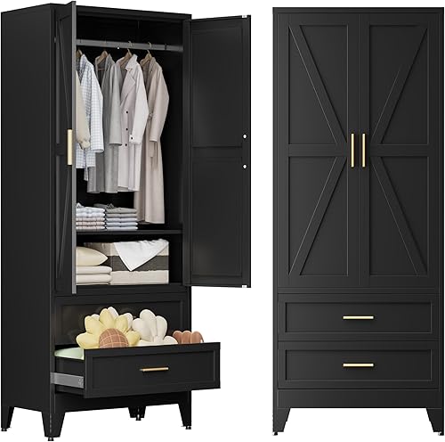 COFaR Armario de metal, 71 Armario de granja con varillas, 2 puertas de granero, estantes ajustables, acero con armarios de dormitorio de 2 cajones,