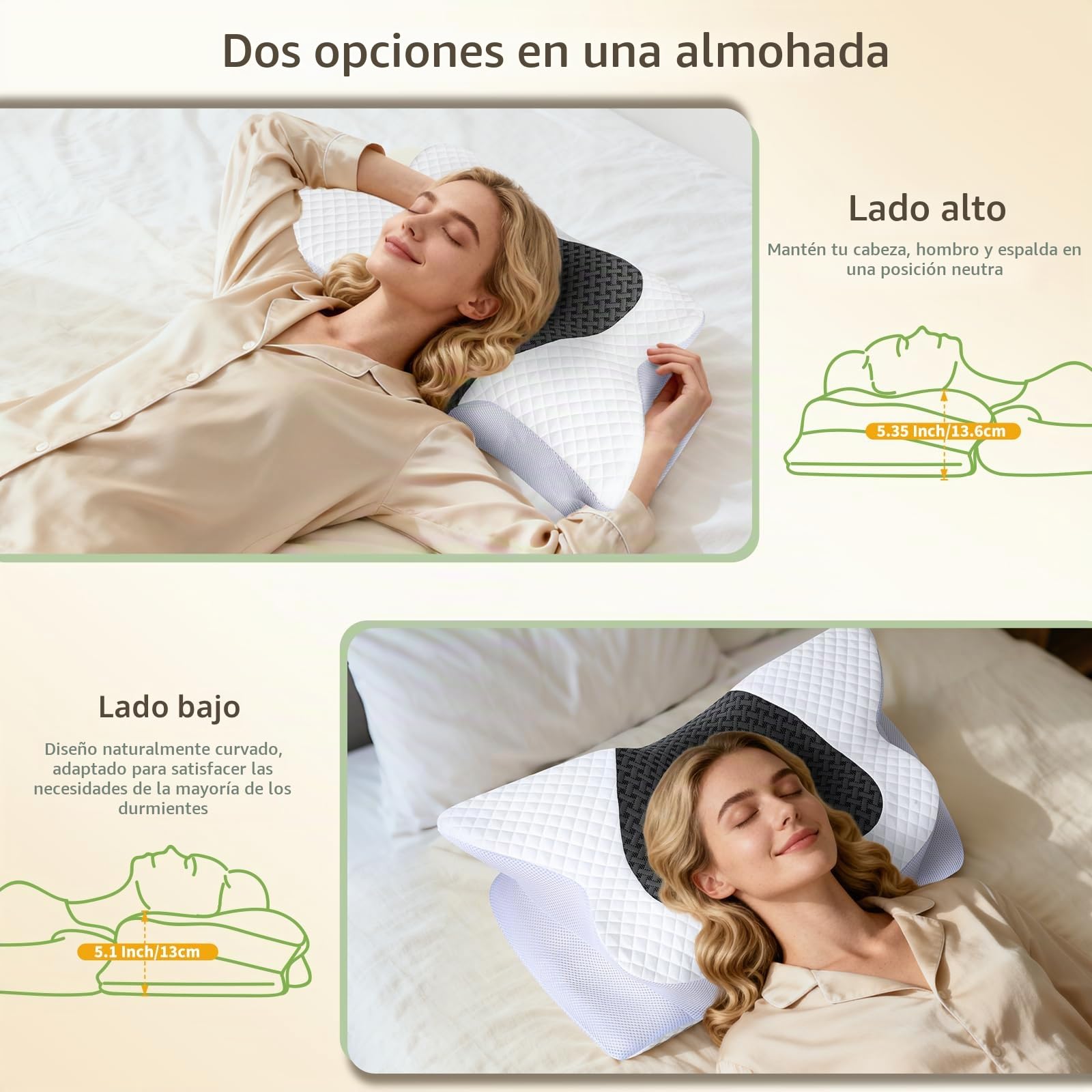 Almohada Cervicales y Cuello, Almohada Cervical de Espuma Viscoelástica, Almohada Ergonómica para Dormir de Lado, Espalda y Boca Abajo, 61,7 x 37 x 13/13,6 cm, Gris