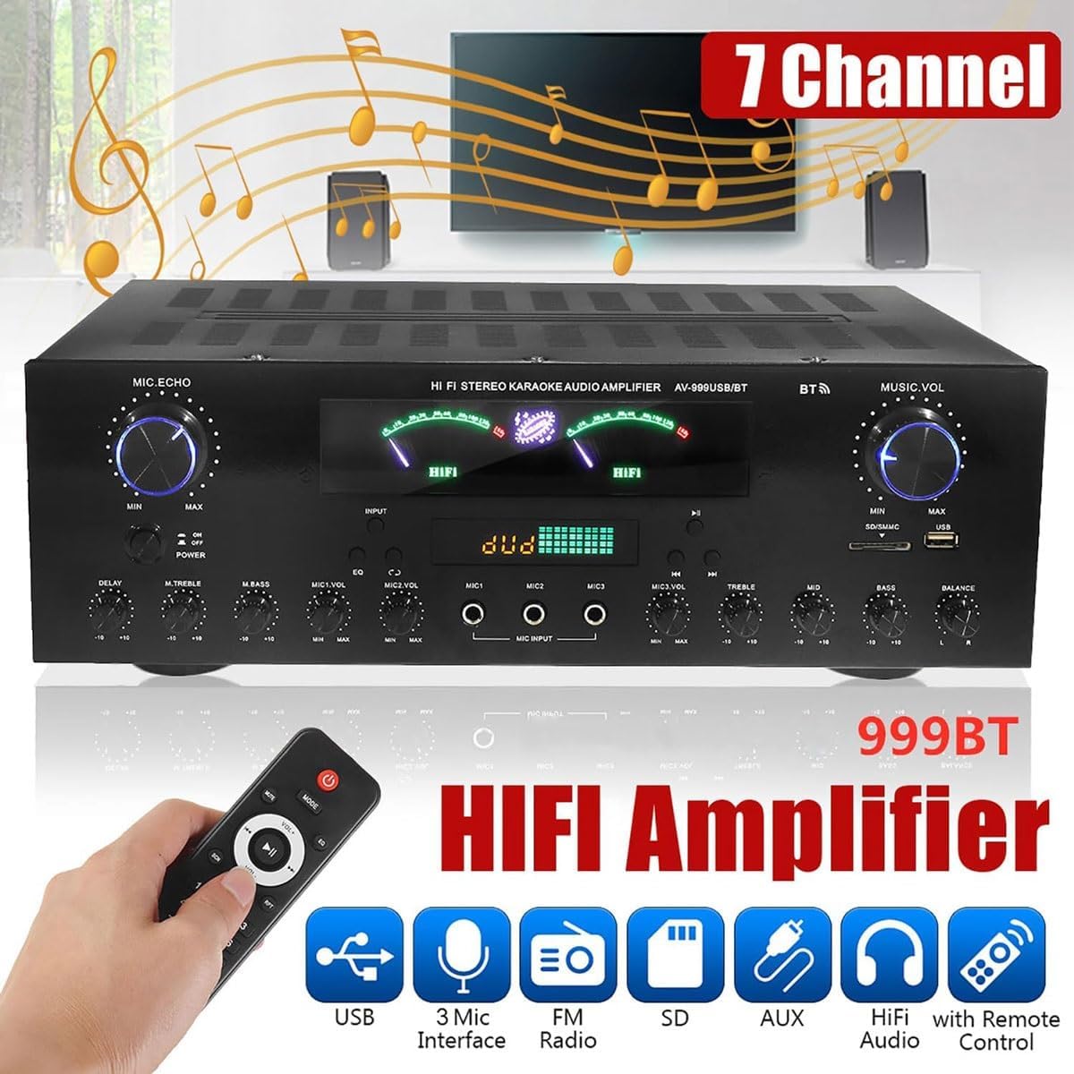 Amplificador de Audio estéreo de 7 Canales, Bluetooth 5.2 Amplificador HiFi para Altavoces Radio FM, con Pantalla LCD y Control Remoto, admite Tarjetas SD USB FM para Estudio, Altavoces caseros