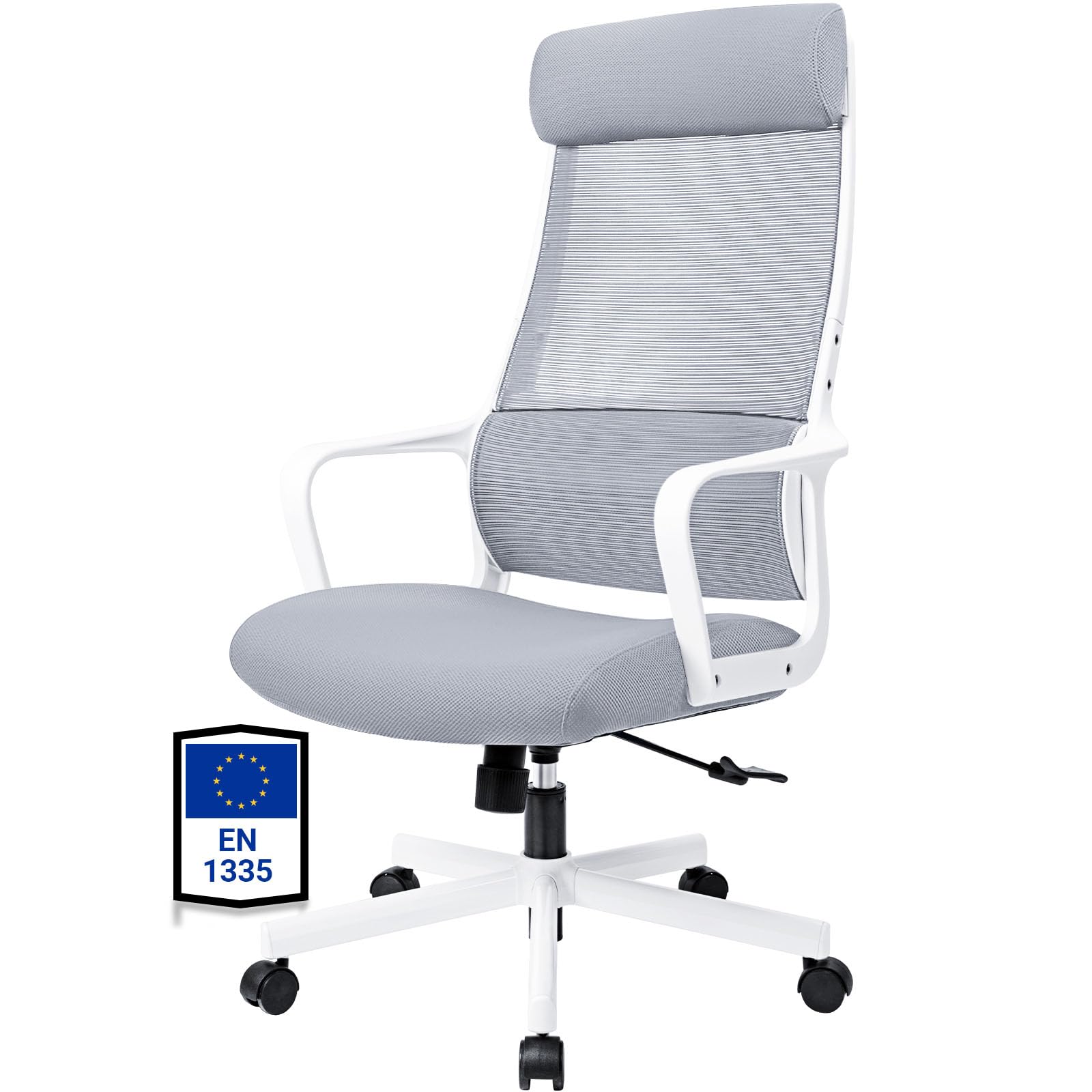 MELOKEA Silla de Oficina Ergonómica, Silla de Escritorio de Malla, Gris | Reposacabezas Ajustable, Asiento Mullido y Confortable, Soporte Lumbar Ergonómico, Función de Balancín, Certificada EN 1335