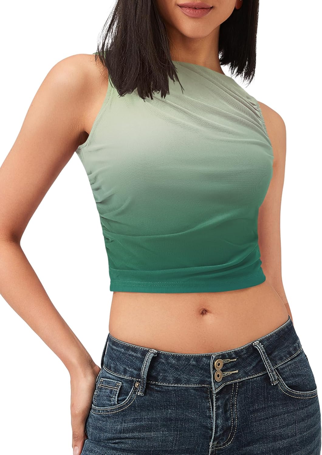 VVK Women's Ruched Tank Top Mesh Crop Tops Layering Summer Sleeveless ...