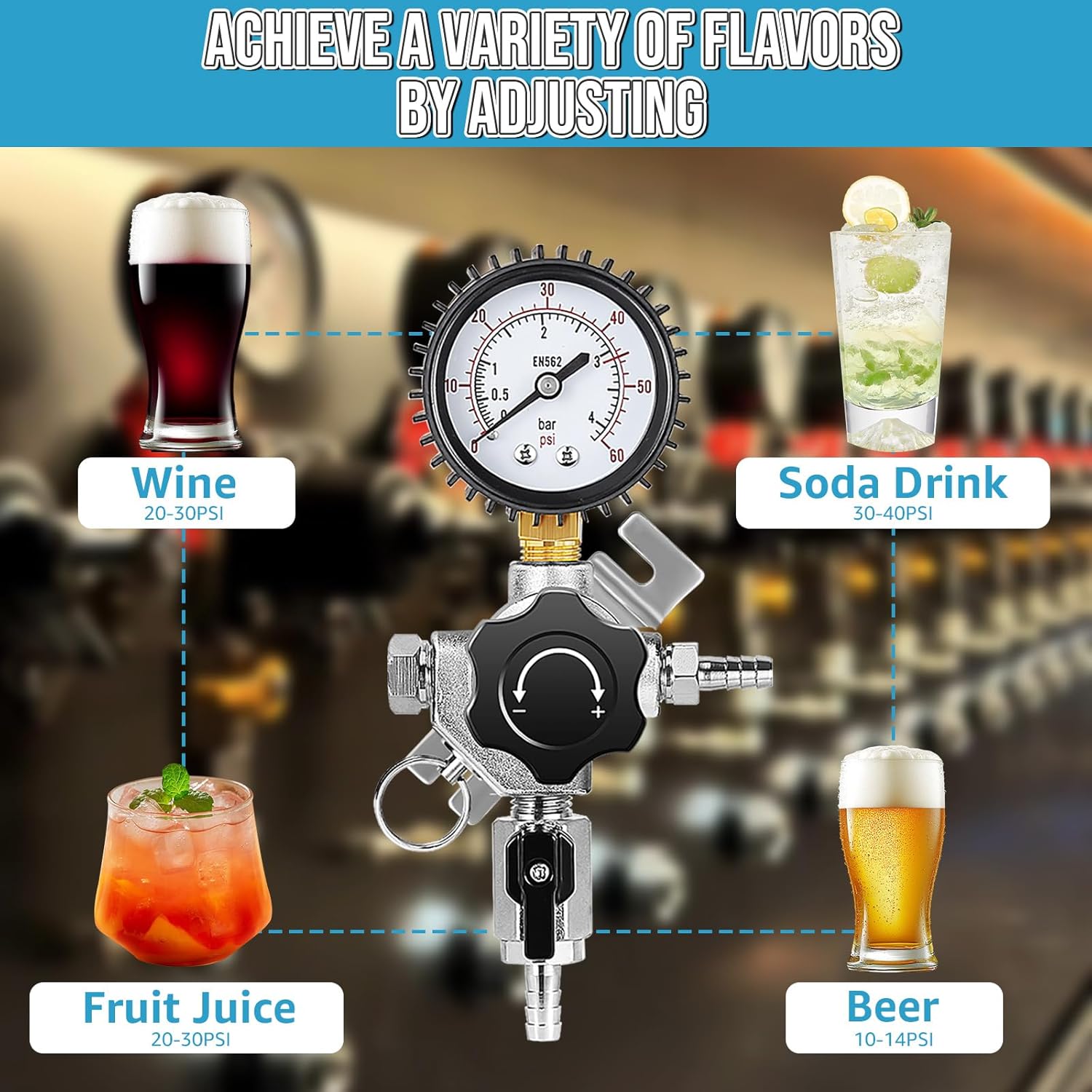 Beer Secondary CO2 Regulator, Single Gas Inlet Keg Regulator & 0-60PSI Gauges Two-Stage Co2 Regulator with Relief Valve & 5/16’’ Barbed Outlets for Homebrew System or Commercial Kegs