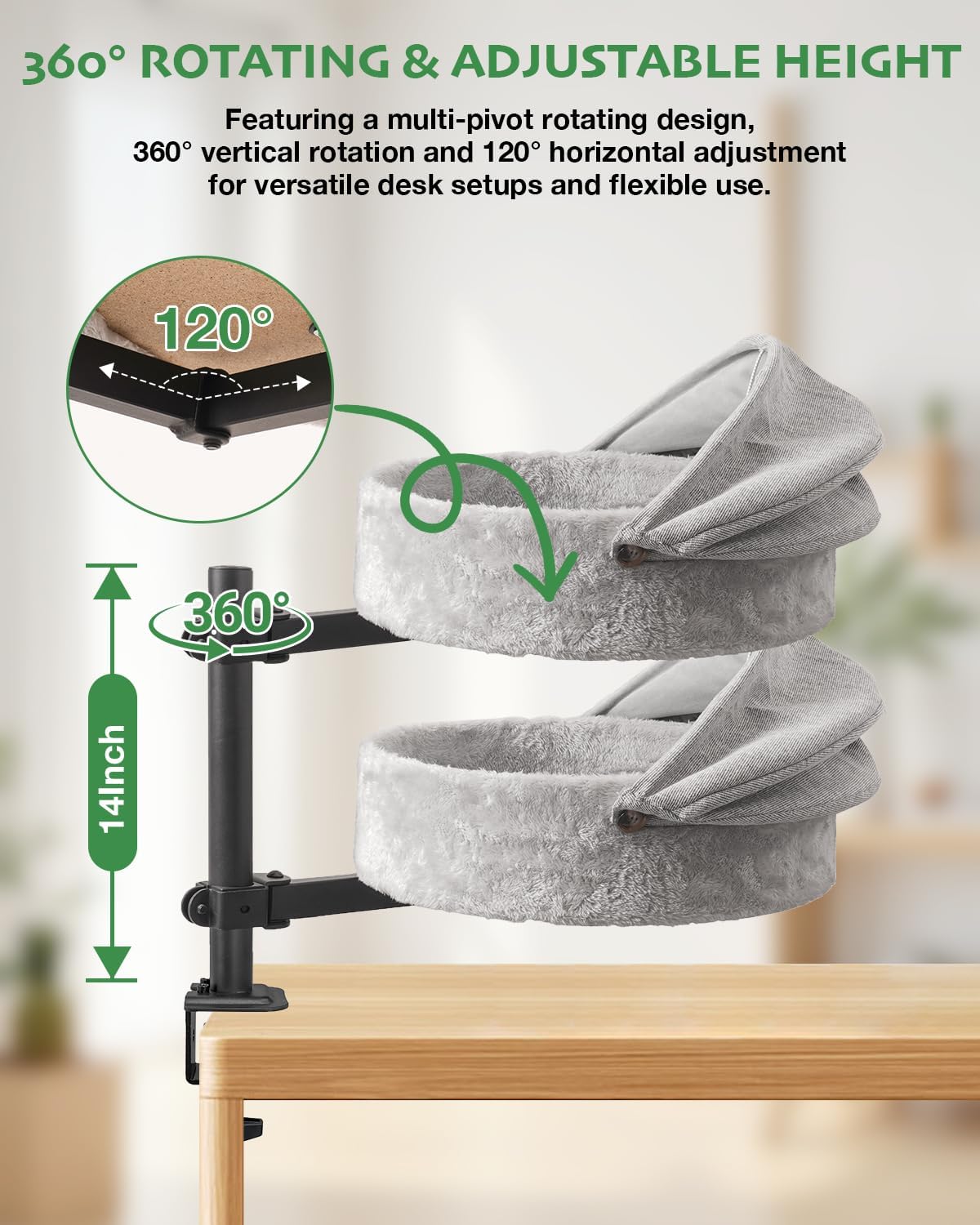 Cat Desk Bed for Large Cats Up to 44lbs, Heavy Duty 360° Rotating Cat Hammock for Desk with Foldable Canopy & Toy Ball, Adjustable Raised Desktop Cat Nest for Office, Reversible Summer & Winter Mat
