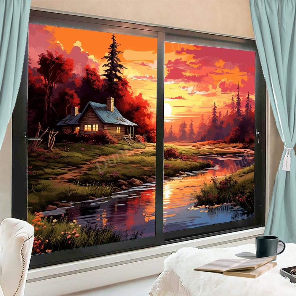 Abstract Fall Cottage Frosted Window Privacy Film Fantasy Woods River Watercolor House Window Film Adhesive Glass Sticker Coverings for Home Decorative 27.6Wx39.4L-inch x2 Pcs
