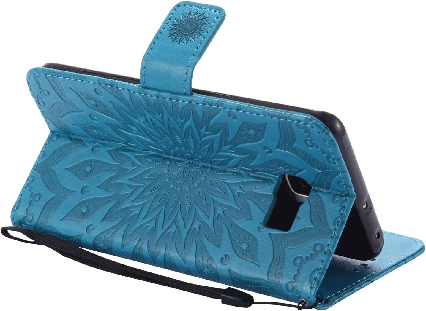 A-slim Galaxy S6 Edge Plus Wallet Case, (TM) Beauty Sun Pattern Embossed PU Leather Magnetic Flip Cover Card Holders & Hand Strap Wallet Purse Cover Case for Samsung Galaxy S6 Edge Plus - Blue