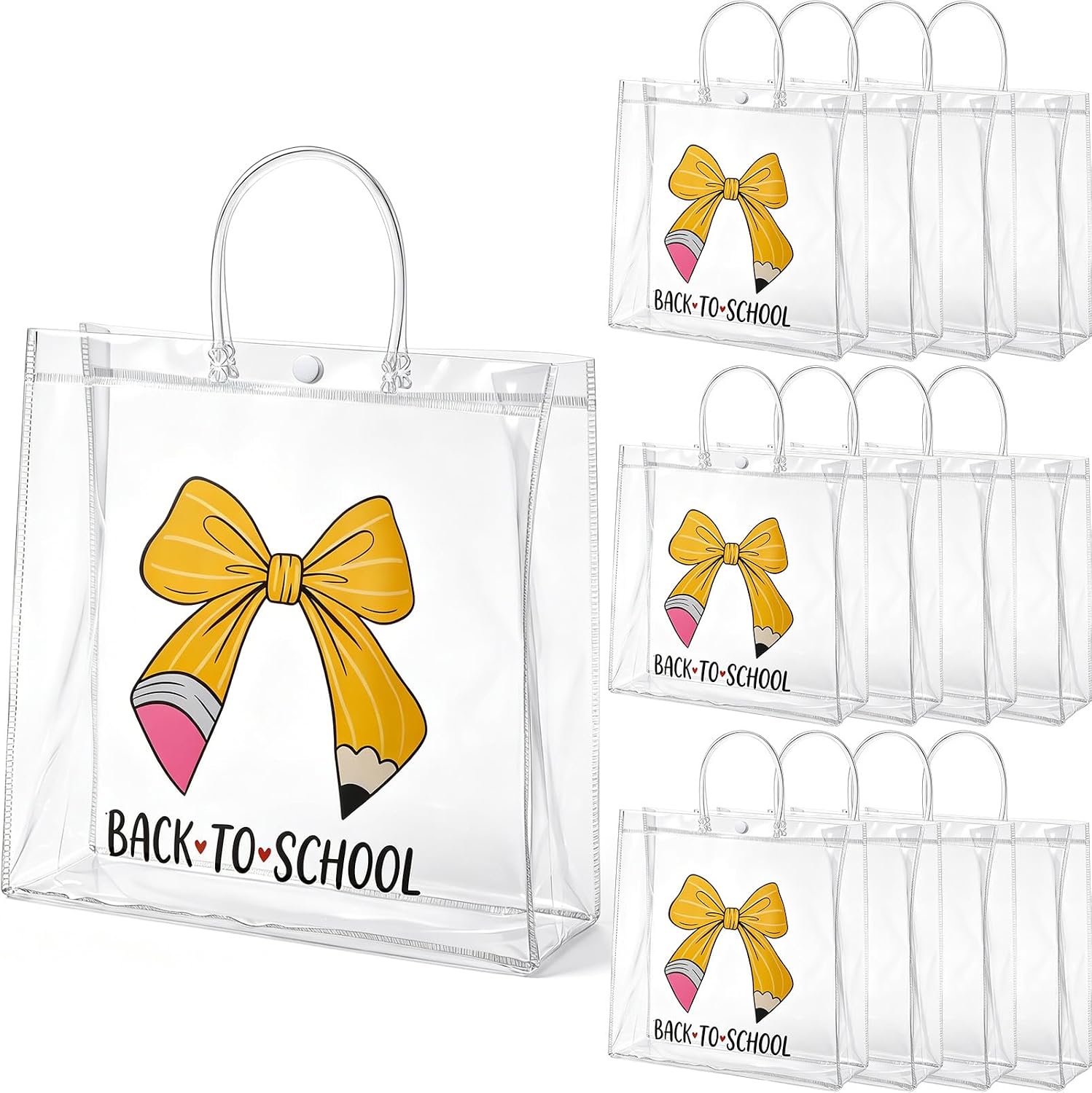 Gilprop 12 Pcs Back to School Gift Bags with Handles, First Day of School Clear PVC Goodie Bags with Pencil Bow, Teacher Appreciation Reusable Transparent Tote for Classroom Party Favor, 10x10in