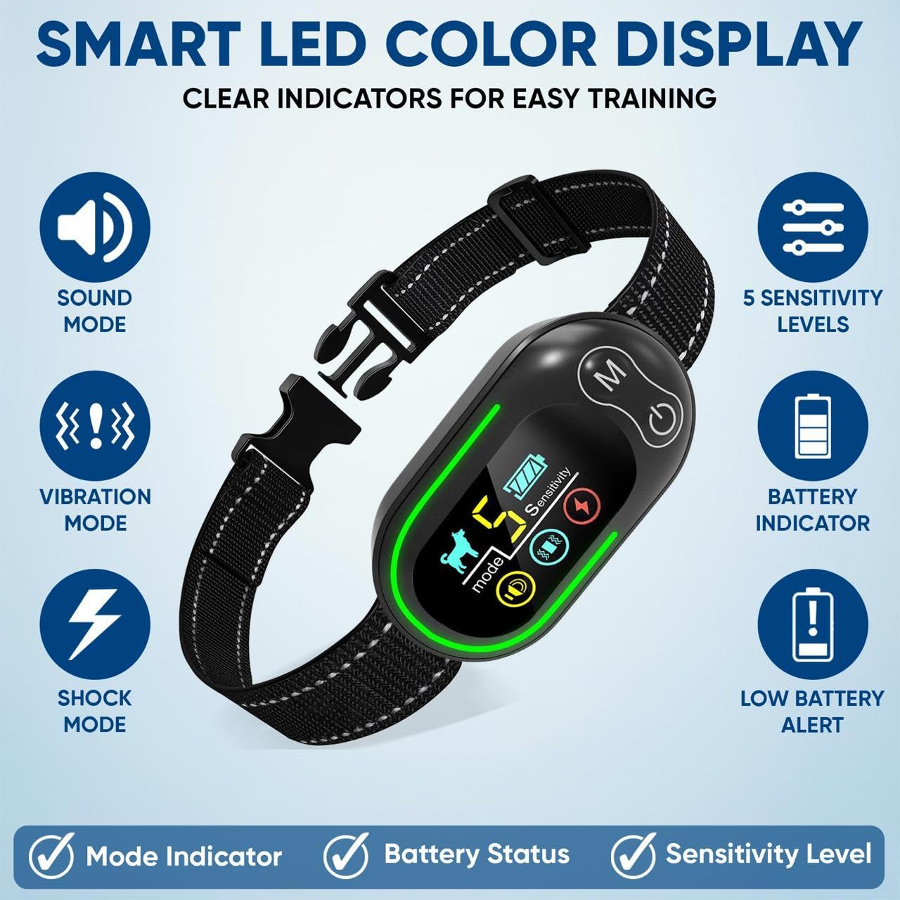 Collar inteligente anti ladridos para perros, collar de perro recargable IP67 impermeable con 5 niveles de sensibilidad ajustables, modos de entrenamiento 3 en 1 para todos los tamaños de