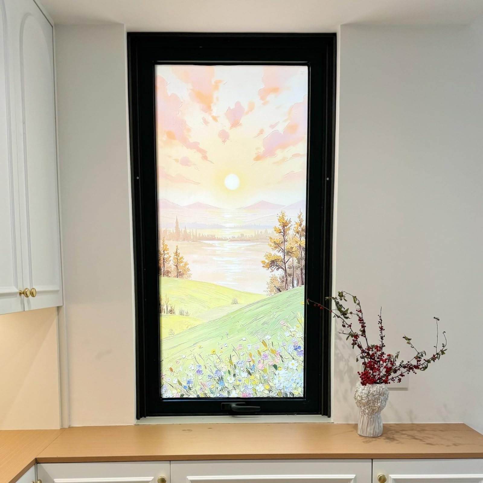 Vinilo Adhesivo Cristal Decorativo Pintura Al Óleo Paisaje Vinilos para Cristales Privacidad Estatico Anti UV Reutilizable para Oficina Dormitorio Sala de Estar Vinilo para Ventanas