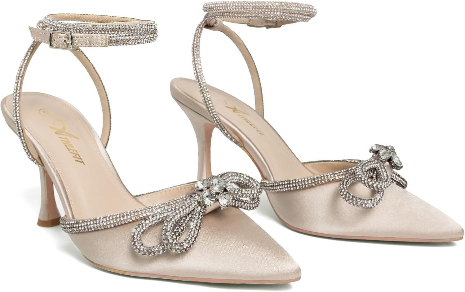 Athlefit Women's Rhinestone Bow Heels Ankle Strap Pointed Toe Stiletto Heeled Sandals Wedding Bridal Dress Pumps Shoes - Image 5