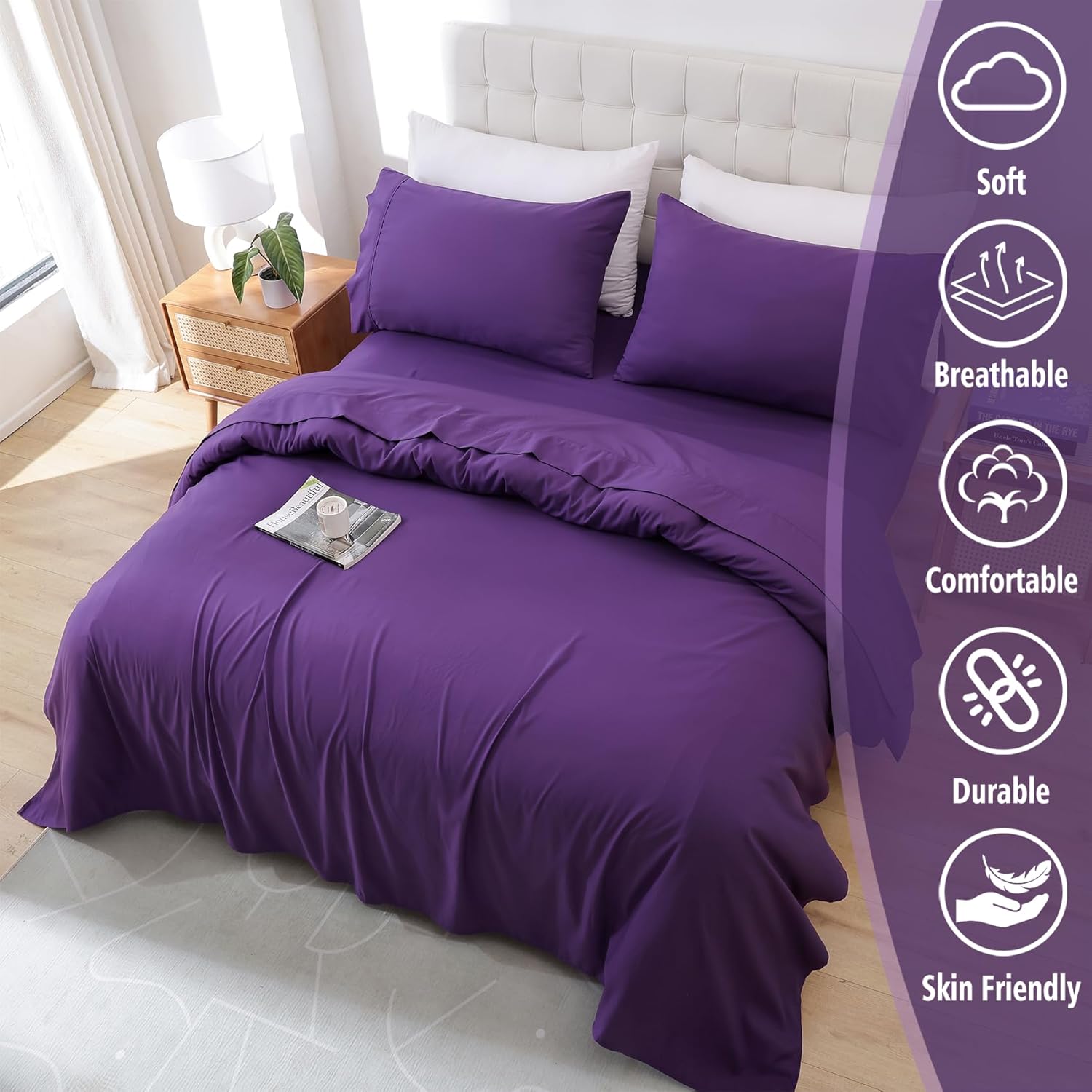 Whitney Home Textile Queen Sheet Set - 4 Piece Bed Sheets for Queen Size Bed, Luxury Soft Breathable Microfiber, Extra Deep Pocket, Bedding Sheets & Pillowcase, Wrinkle Free Oeko-Tex, Purple