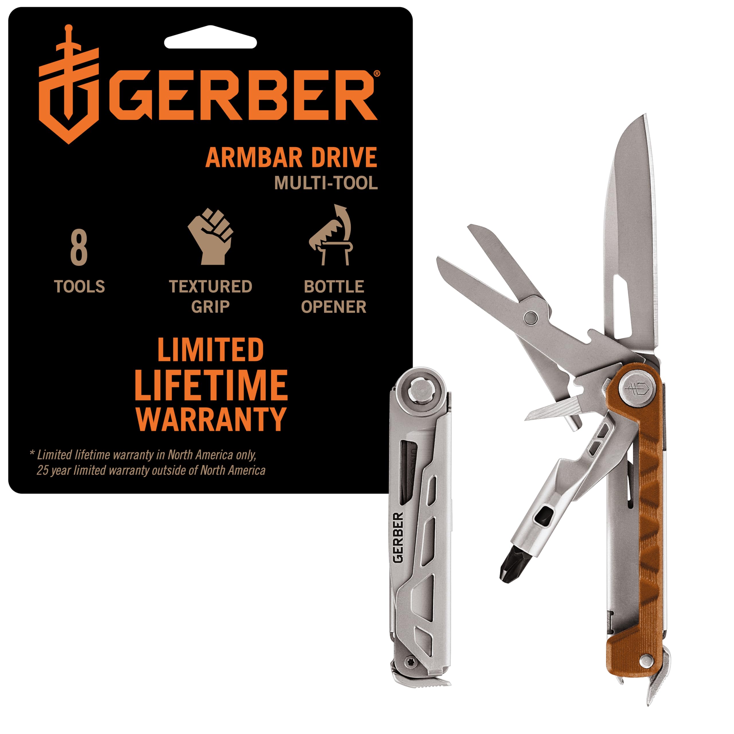 Gerber Gear Armbar Drive EDC Multitool 8-in-1 Pocket Knife with Pocket Screwdriver, 2.5" Blade, Orange