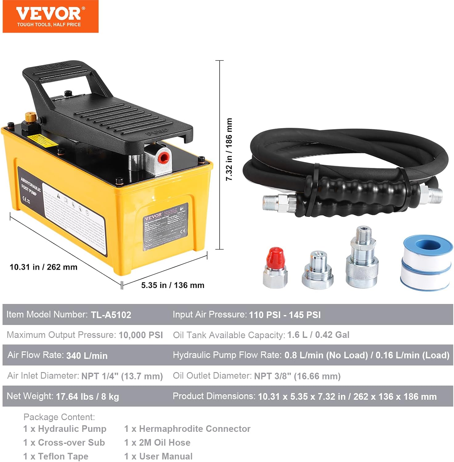VEVOR 10,000PSI Air Hydraulic Pump, 0.42 Gal Reservoir, NPT 3/8 in Oil Outlet, NPT 1/4 in Inlet, Aluminum Shell Air Actuated Treadle Foot Pump, for Automobile Repair Frame Machine & Hydraulic Press