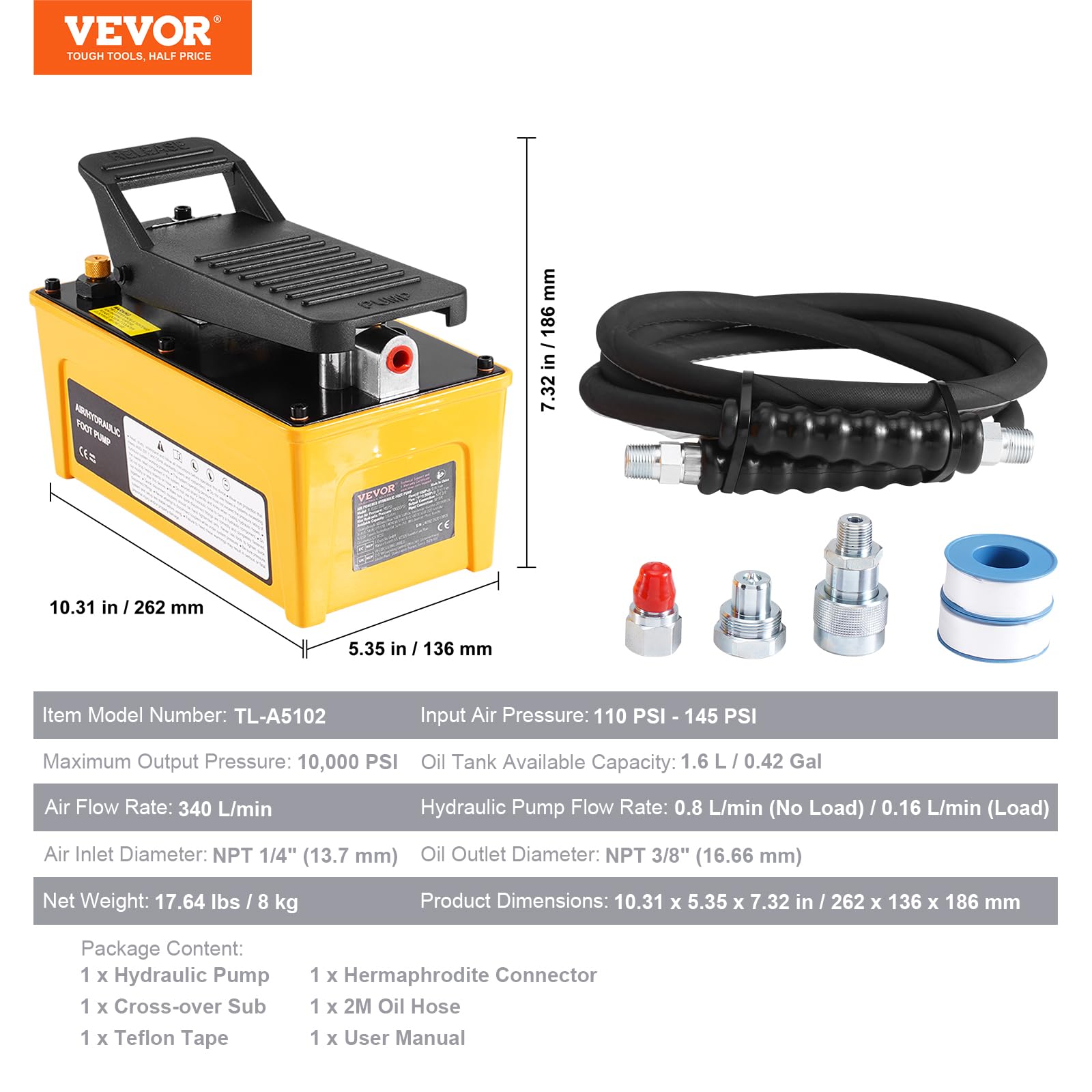 VEVOR 10.000 PSI Lufthydraulikpumpe, 1,6 L Öltank, NPT 3/8 Zoll Ölauslass, NPT 1/4 Zoll Einlass, Aluminiumgehäuse