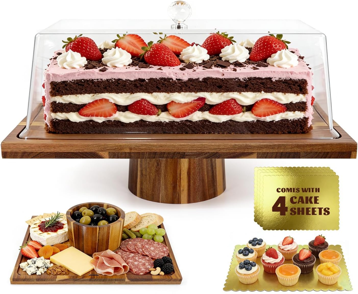 Rectangle Wood Cake Stand with Lid, Extra Large 17" Display Cake Plate