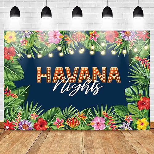 Miniatura 3 de Mocsicka Telón de fondo de Noches de La Habana Tropical Nights para adultos, hojas de palma hawaianas, decoración de mesa para tartas, decoración de