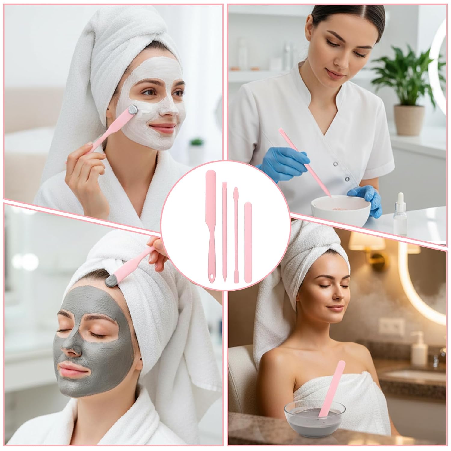 4PCS Non Stick Wax Spatulas, Reusable Silicone Waxing Applicator for Eyebrow Hair Removal, 4 SIzes Scraper Sticks for Home Salon Body Use, Hair Oil Applicator-Pink
