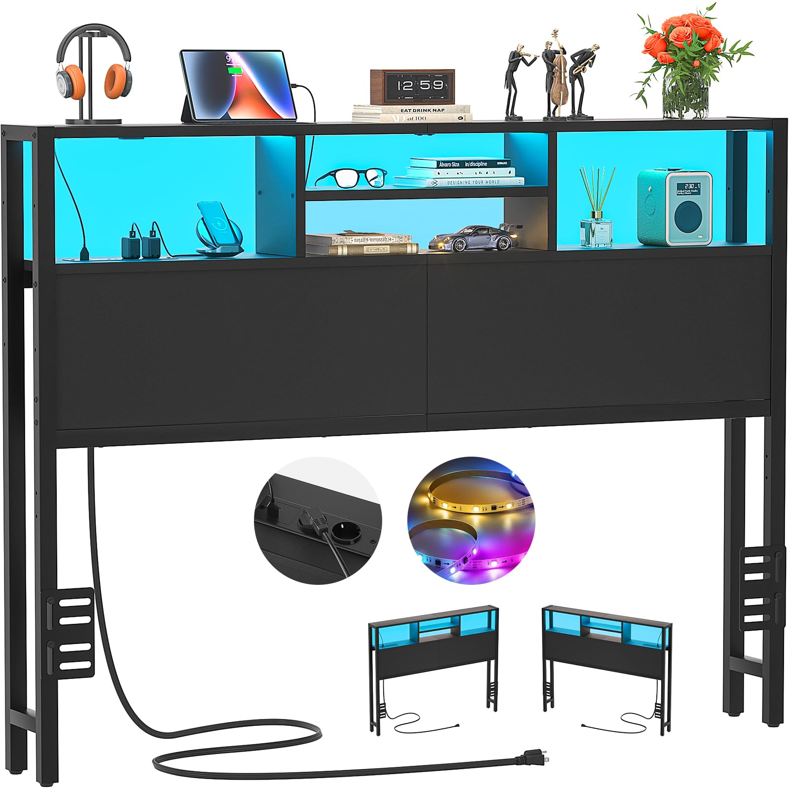 iSunirm Tête de lit avec étagères de Rangement 140 cm, Prises électriques, Ports USB et Pip-C, éclairage LED, Hauteur réglable, réversible, Robuste et Stable, Noire