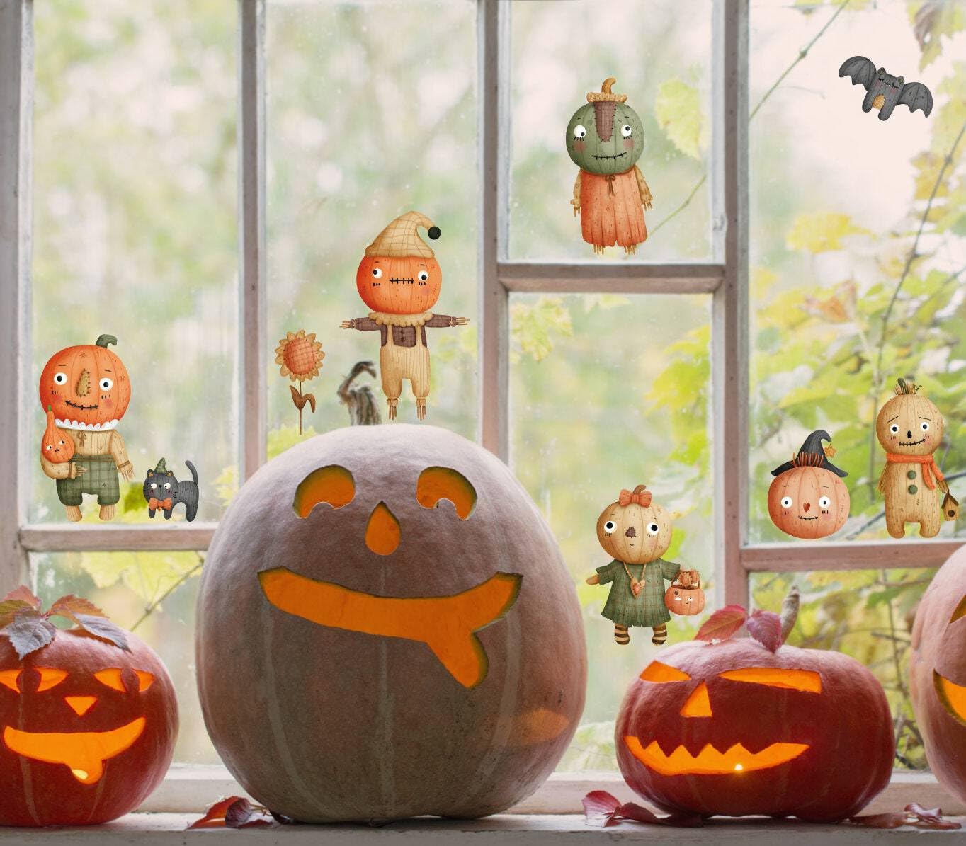 Quotemywall Orange Cute Halloween Decorations Window Stickers Scarecrows Family Pumpkin Black Cat & Bat