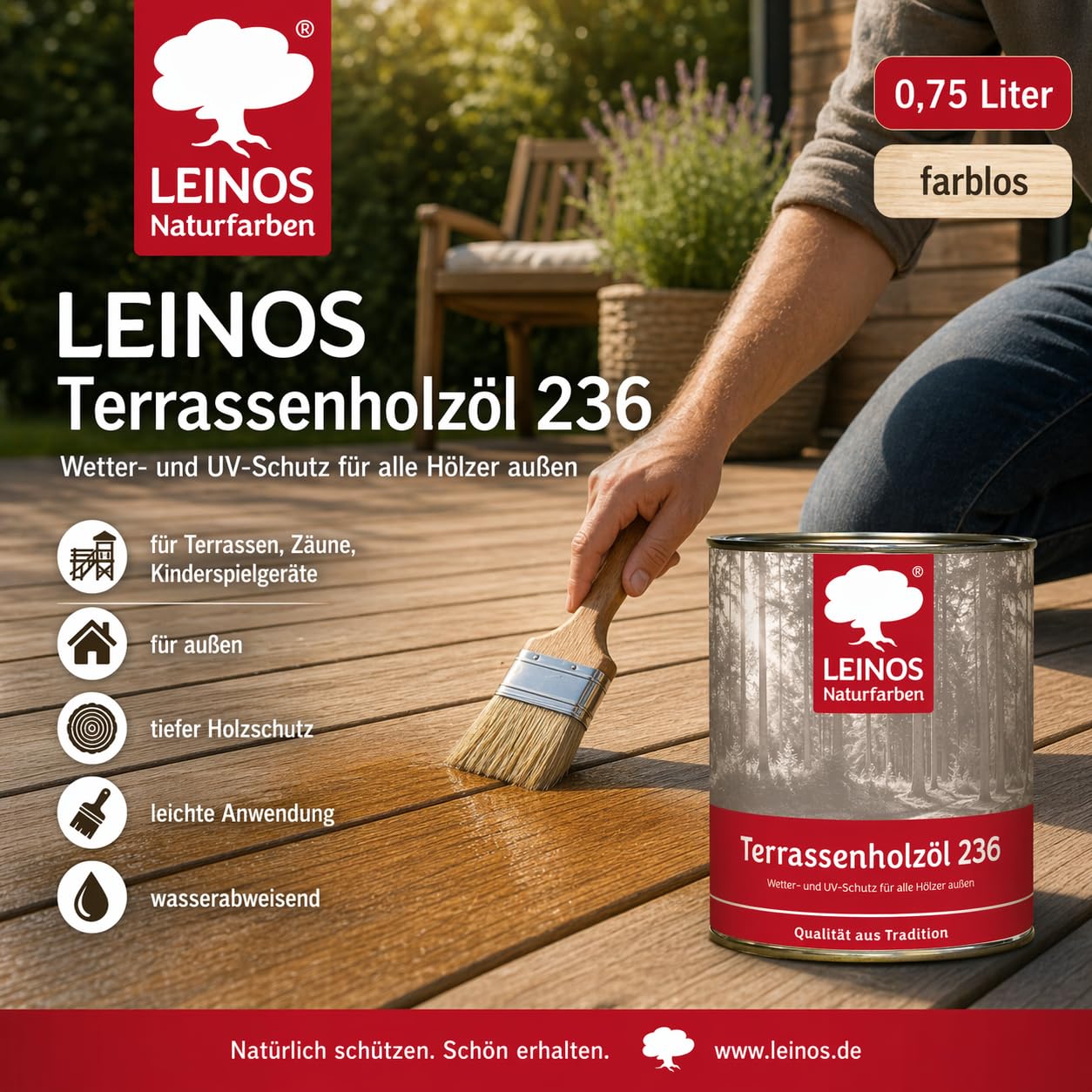 Leinos 236 naturalny olej do drewna na zewnątrz 002 bezbarwny 0,75 l