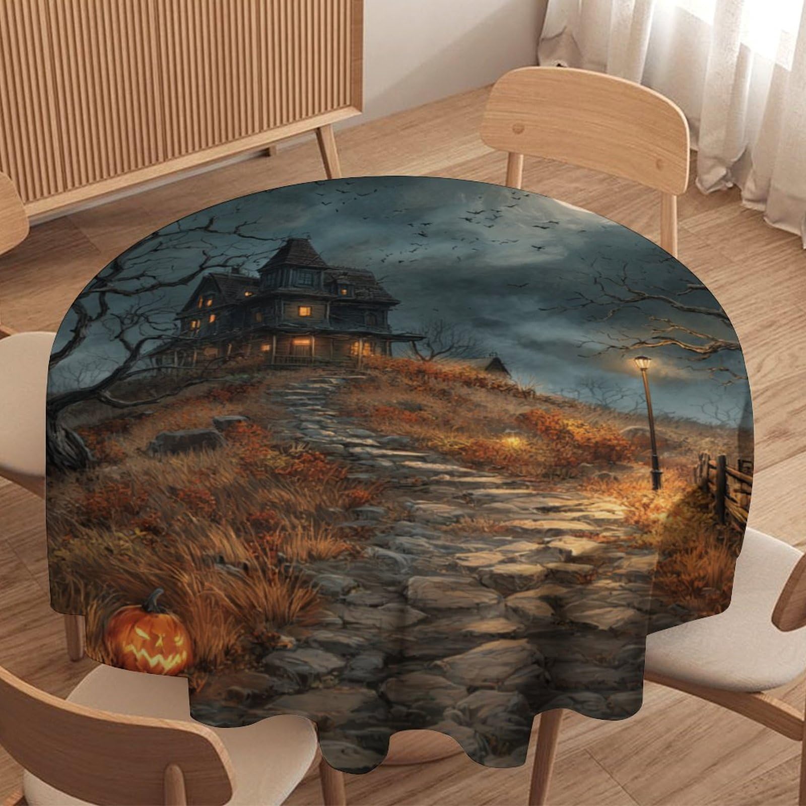 Luyysky Beautiful Watercolor Horror House Waterproof Round Tablecloth Rustic Gothic Halloween Full Moon Pumpkin Animals Bats Washable Table Cover For Kitchen-127 Wx127 L Cm