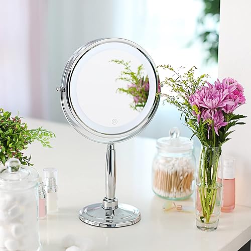 Miniatura 10 de Ovente Espejo de mano de 85 pulgadas 1 lupa 5X fácil de cambiar a mesa y montaje en pared luces LED giratorias de tres tonos de doble cara