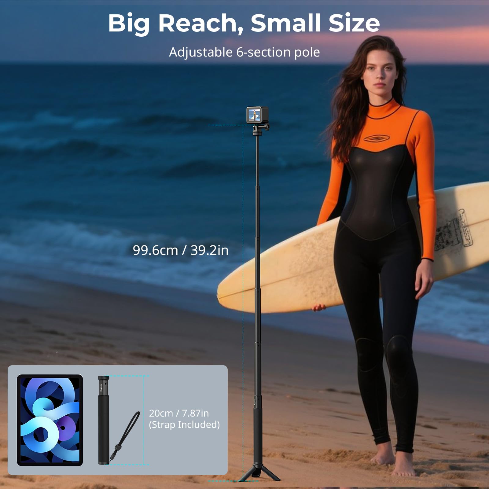 SMALLRIG Selfie Stick for Action Cameras, Extendable 7.8-37.4 inches, with Tripod and Phone Mount Model 5403