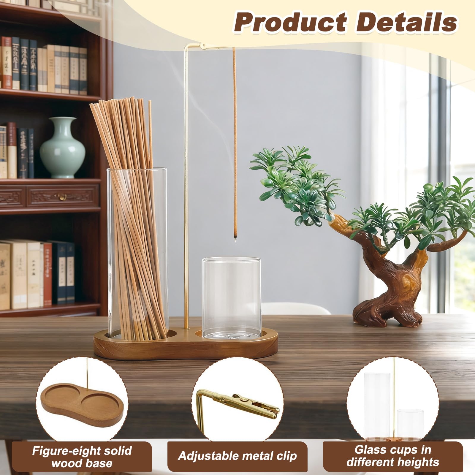 2 in 1 Porta Incenso con Base Legno, Contenitore Cenere Vetro Rimovibile, Organizer Raccogli Cenere, Portaincenso Capovolto Bastoncini per Meditazione, Yoga, Spa, Decorazione Casa (Marrone)