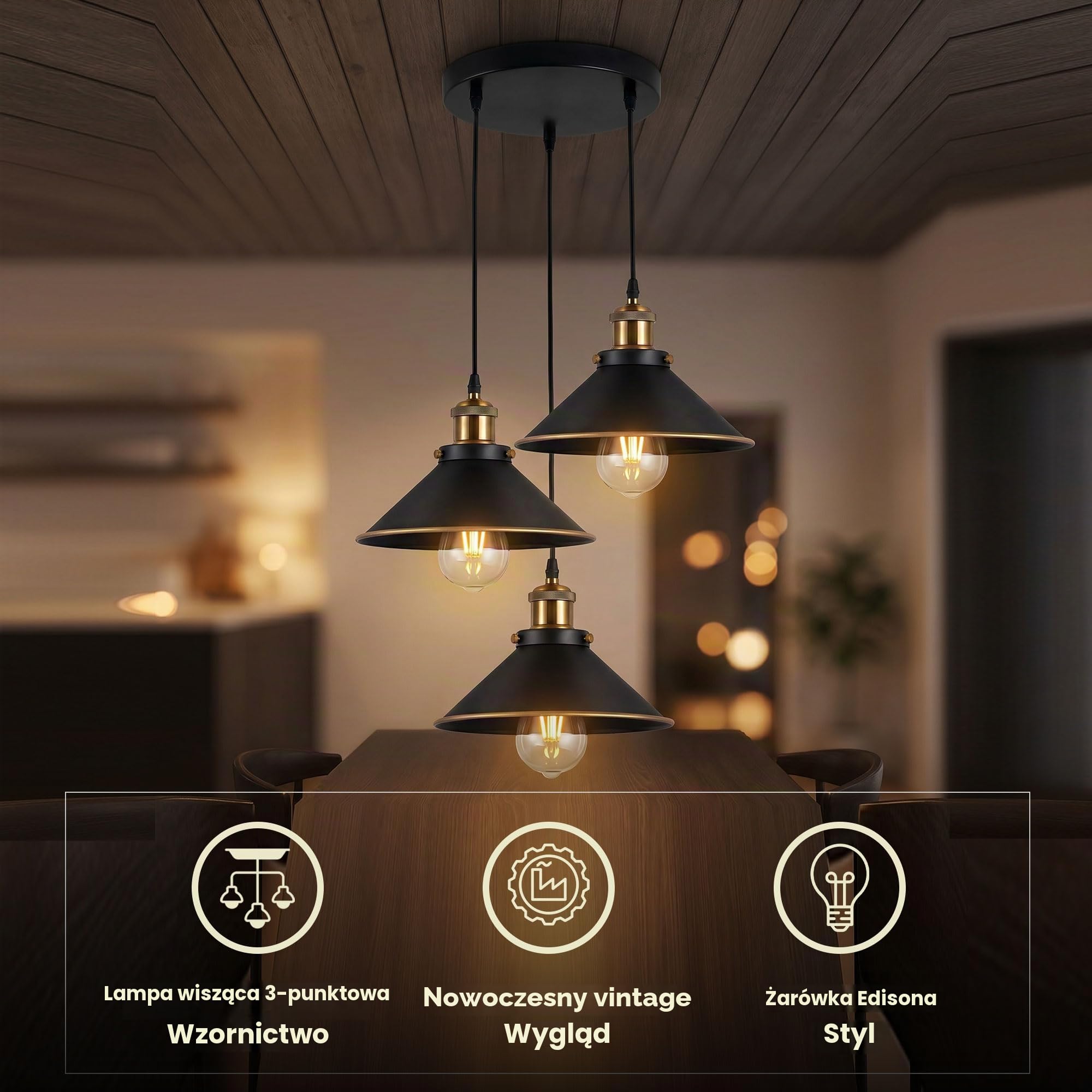 LEDSone Nowoczesna lampa wisząca w stylu vintage z 3 głowicami, płaska, w kształcie stożka, wisząca lampa sufitowa z regulowanym kablem do kuchni, na wyspę, do salonu, jadalni (3 głowice)