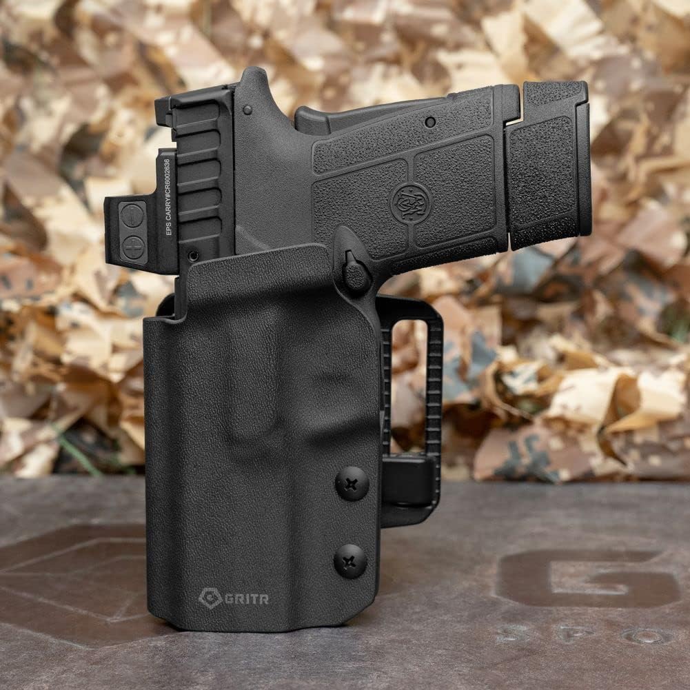 GRITR OWB Kydex Right/Left Hand Gun Holster for Smith & Wesson M&P Shield EZ 9/380/S&W Equalizer - Optic Cut, Compatible with Safariland QLS/G-Code RTI Attachments, Adjustable Belt Loops, Open Bottom