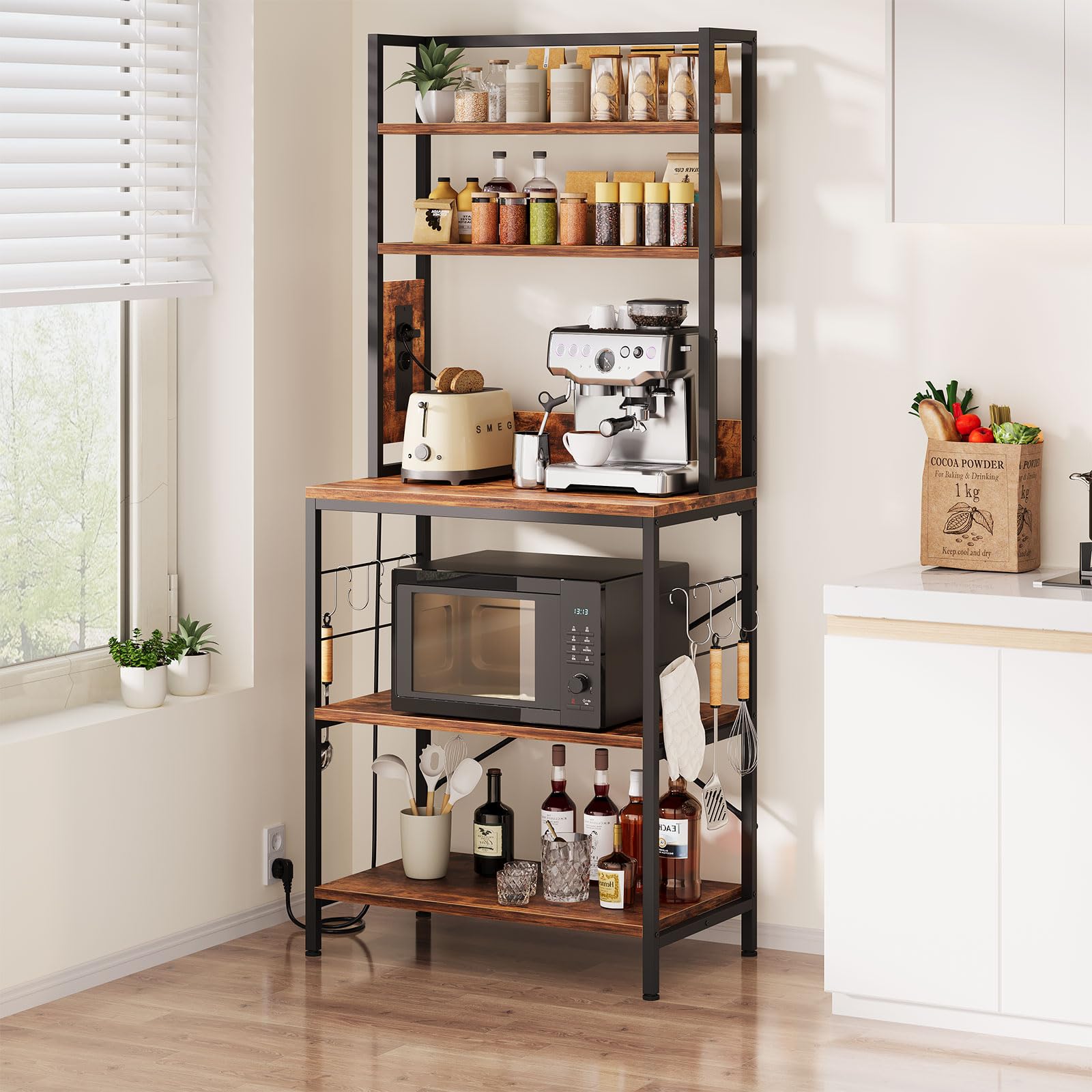 Dripex Mensola da cucina, a 5 ripiani, con prese, per panetteria, autoportante, vintage, per pentole e padelle, 6 ganci a S, 70 x 40 x 165 cm, marrone vintage+nero