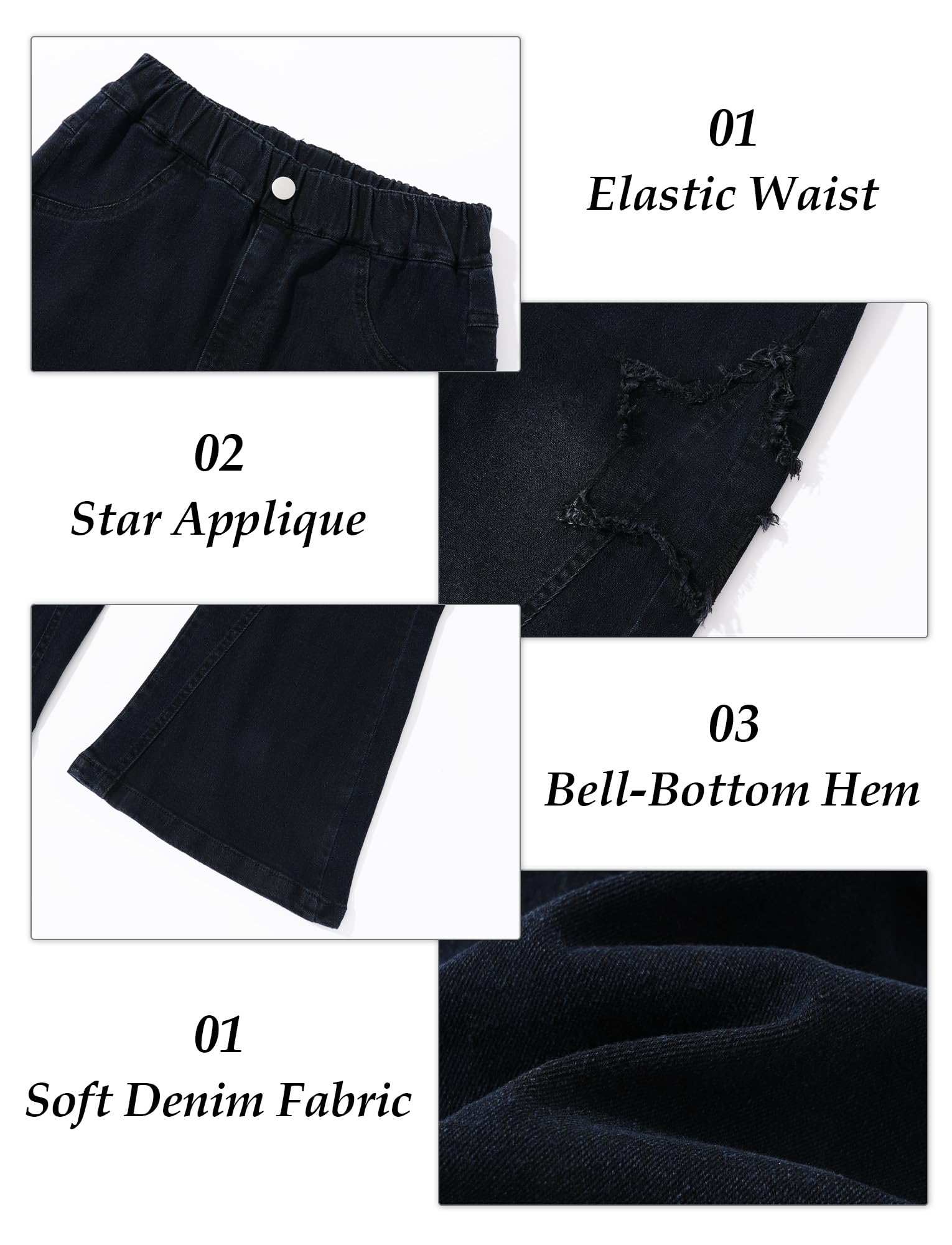 Maeau Jeans à Jambe Évasée étoile pour Fille, Mode Pantalon Flare Élastique, Jeans Denim Slim Extensible Décontracté, avec Poche, Doux Confort, Printemps L'été Automne, Taille 120-170/4-14 Ans