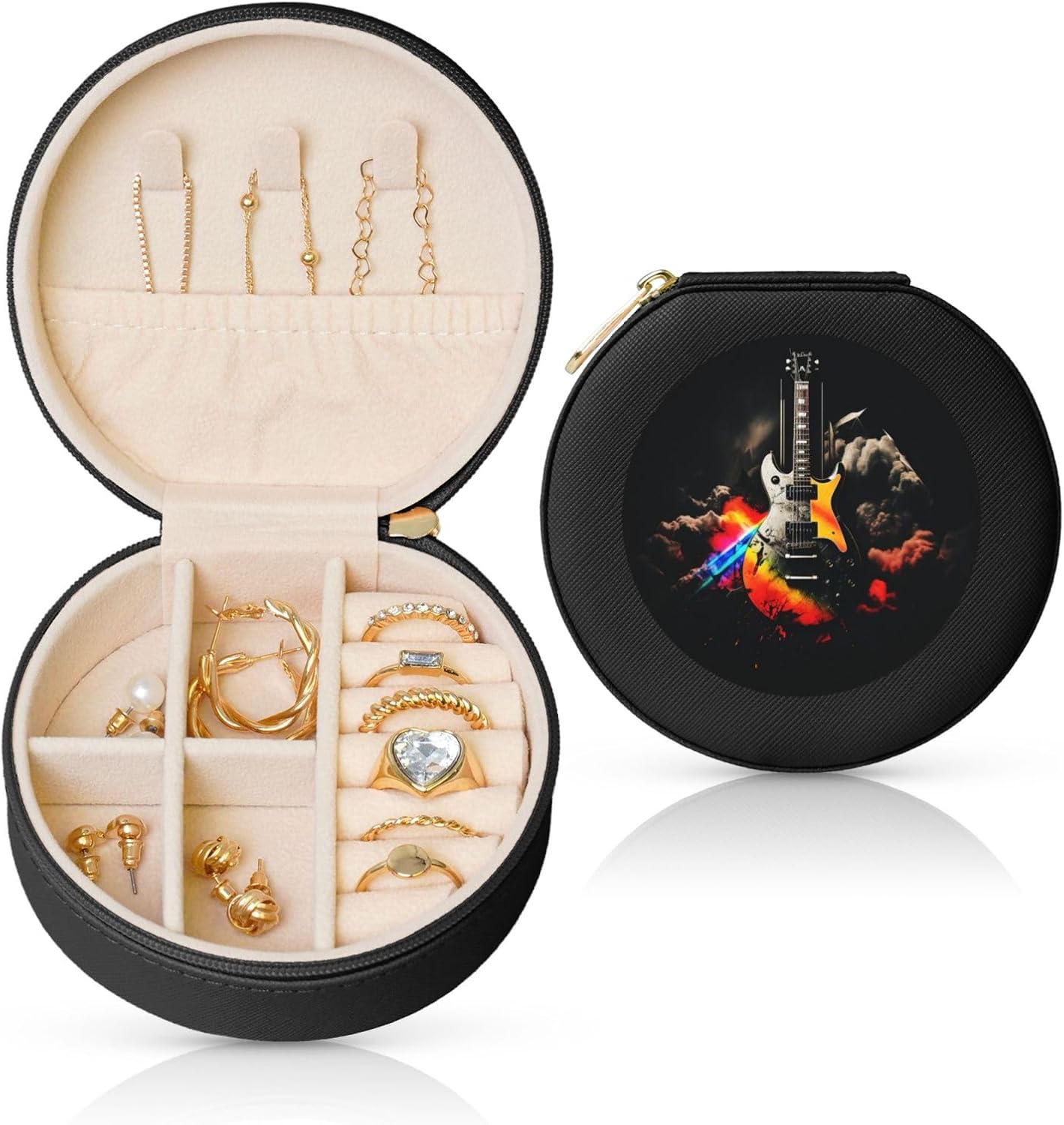 Rock Music Jewelry Case Small Jewelry Box Gift for Women Leather Travel Jewelry Organizer Round Storage Purse with Zipper Display Storage Box for Rings Earrings Necklaces
