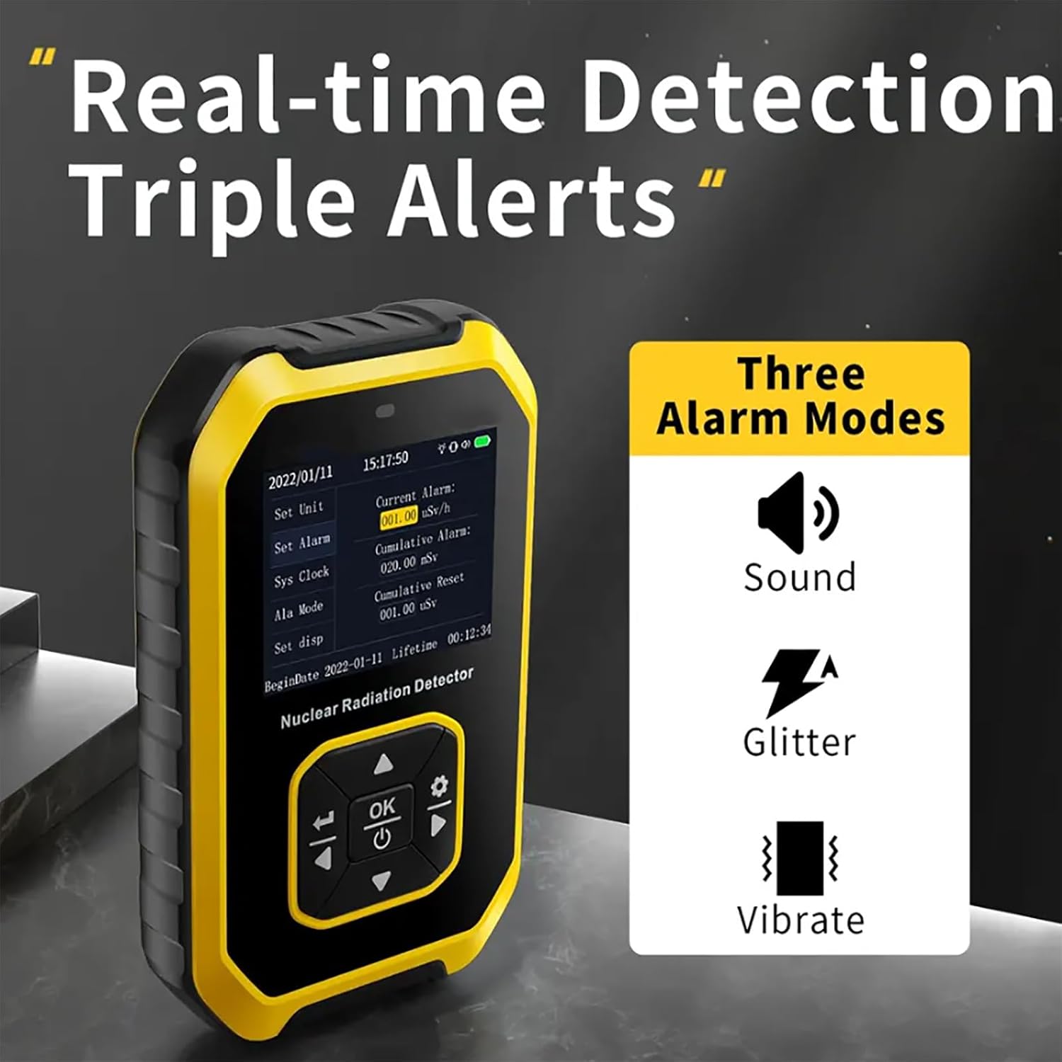 Nuclear Detector, Dosimeter with LCD Display Screen, 5 Dosage Units Switched and Three Alarm Modes,1100mAh Battery Capacity and Super Long Endurance, for Tiles, Marble, Metals