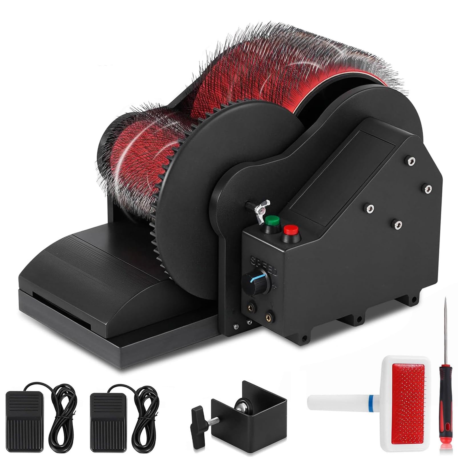DmqChry Electric Wool Drum Carder, Wool Fiber Carding Machine with 56 RPM Motor, Adjustable Forward and Reverse Speed, with Brush, Awl & 2 Foot Switches, for Combing Blending