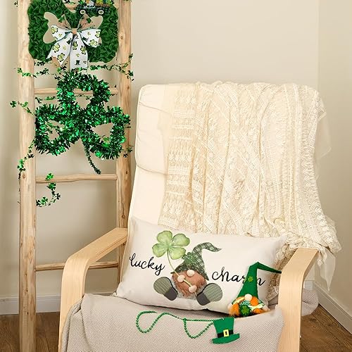 Miniatura 3 de AACORS Funda de almohada lumbar del Día de San Patricio de 12 x 20 pulgadas, gnomo de la suerte, tréboles, decoración de casa de campo, decoración