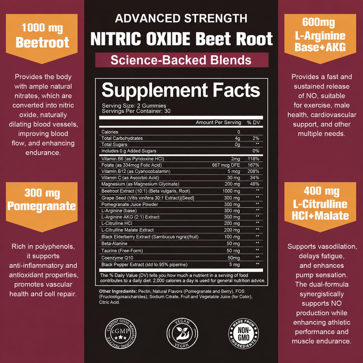 (2 Packs) Beet Root Gummies 3050MG - Nitric Oxide Booster with Grape Seed, Pomegranate - Beetroot Supplement for Blood Pressure & Cardiovascular Support, Heart Health, Circulation, Vegan, Sugar Free — Amazon image 5