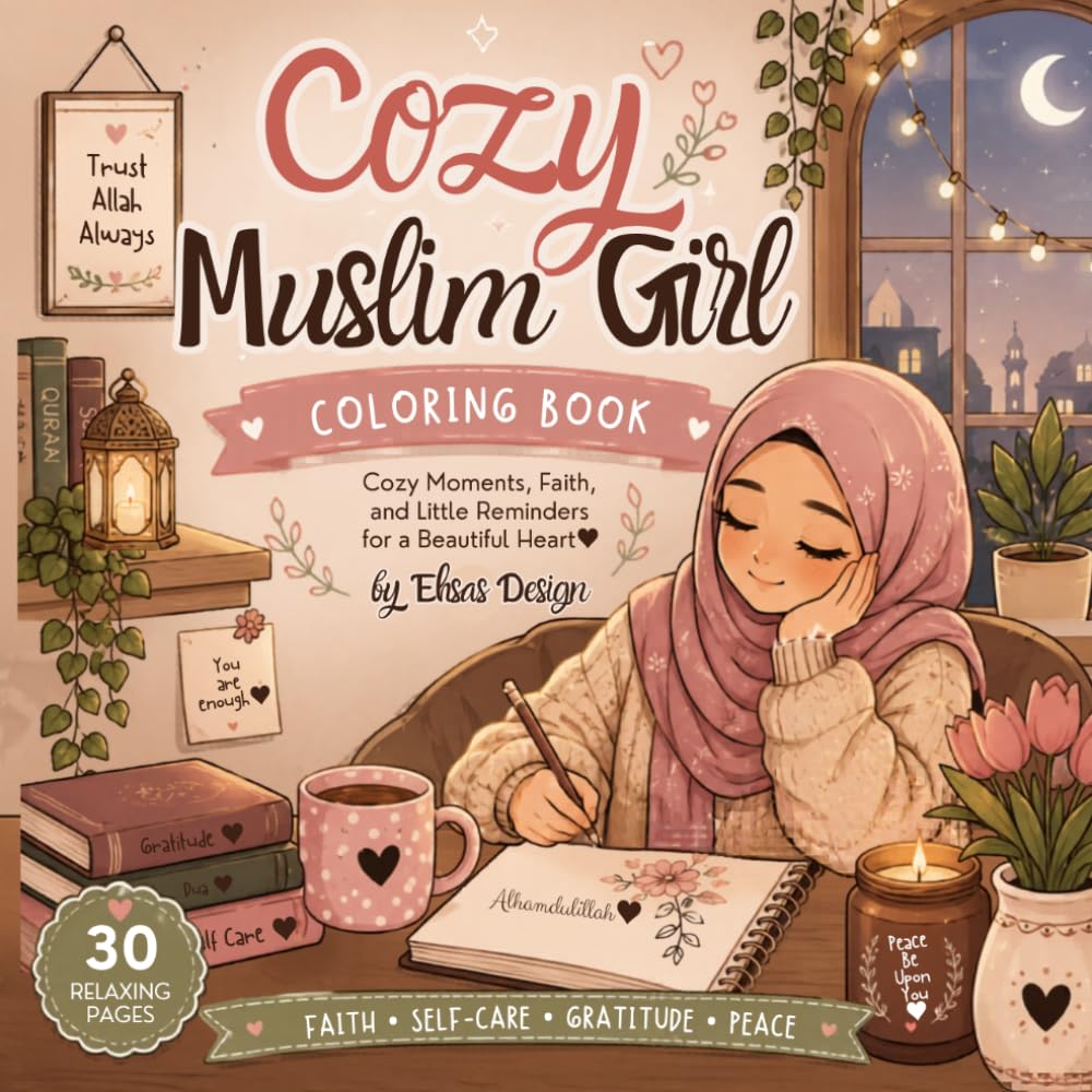 Cozy Muslim Girl Coloring Book: Cute Islamic Self-Care, Faith & Relaxing Cozy Moments for Teens and Women: 30 Cozy Hijabi Lifestyle Bold and Easy Coloring Pages (Cozy Muslimah Coloring Series)