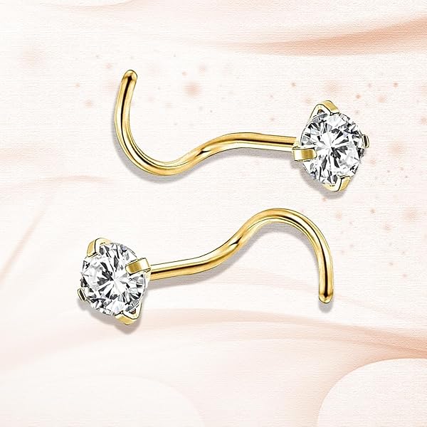 2 Paires De Clous De Nez Spirale Dorés, Clous De Perçage Du Nez En Zircon, Acier Inoxydable - 3