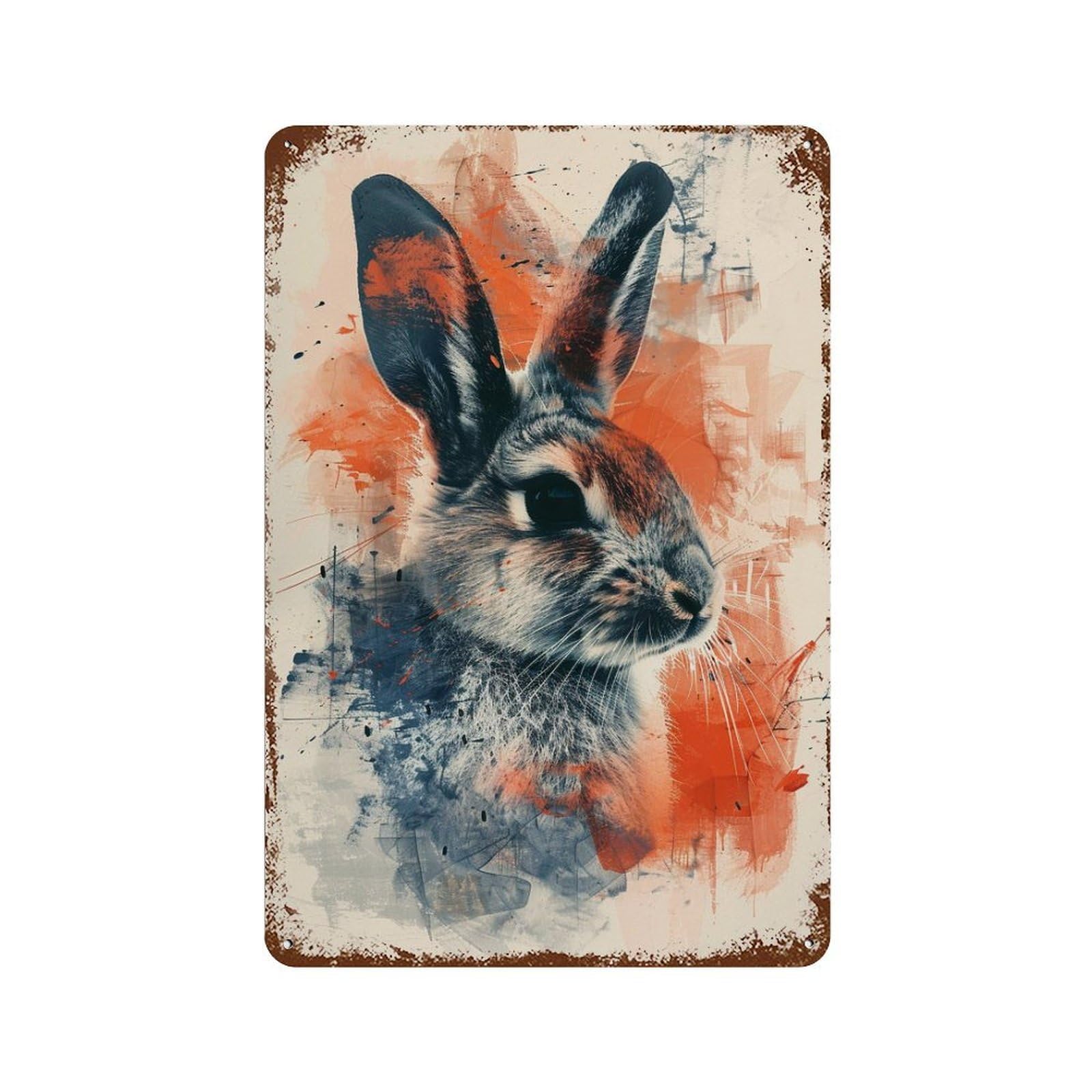 Garage Style Abstract Rabbit Art Print Rustic Tin Plaque 11.8"x7.9", Vintage Wall Decor for Bar And Workshop