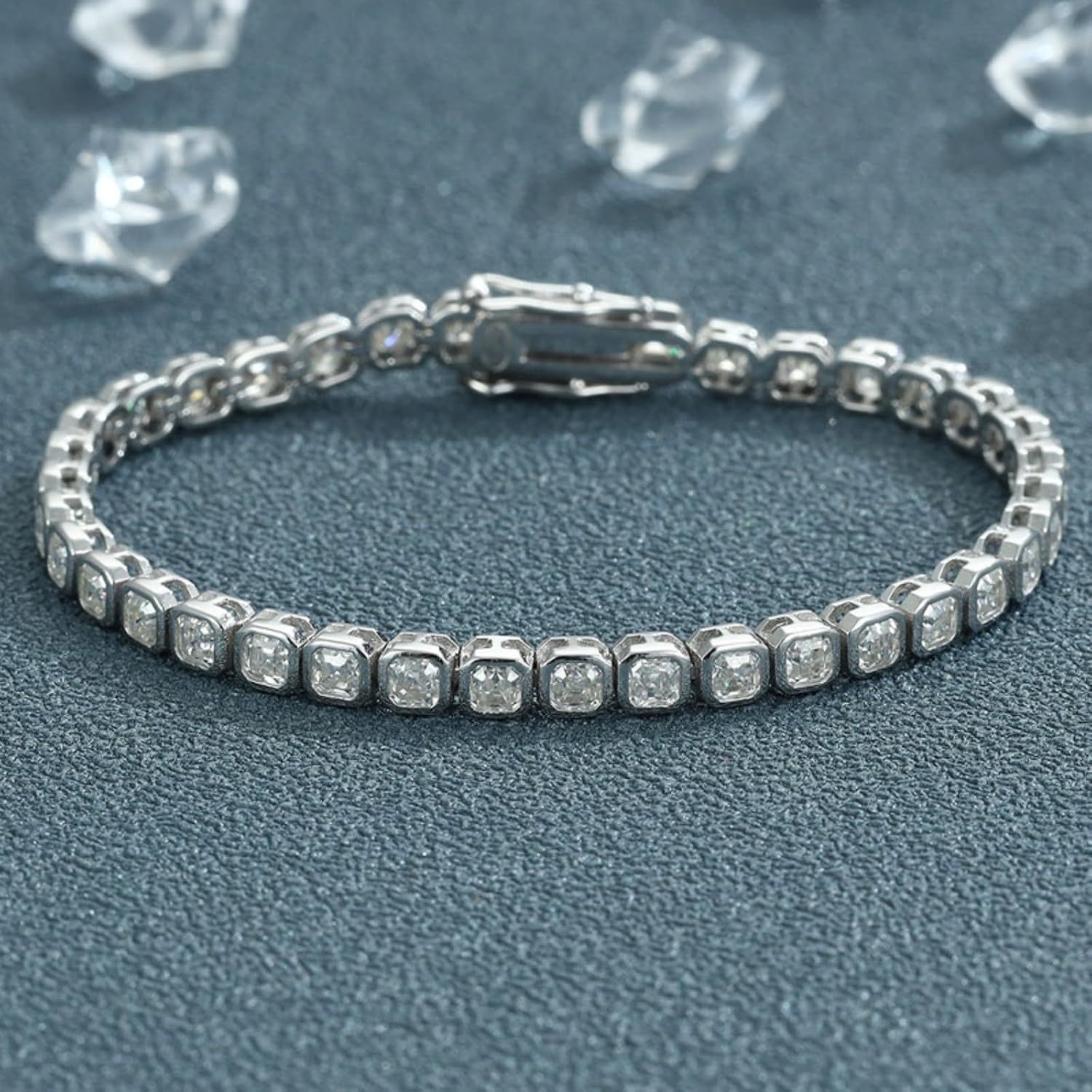 Asscher Cut 3MM Moissanite Bracelet for Women D Color VVS1 Clarity Lab Created Diamond Tennis Bracelet Bezel Set Sterling Silver Statement Bride Bracelet Sizes 6-7.5 Inch