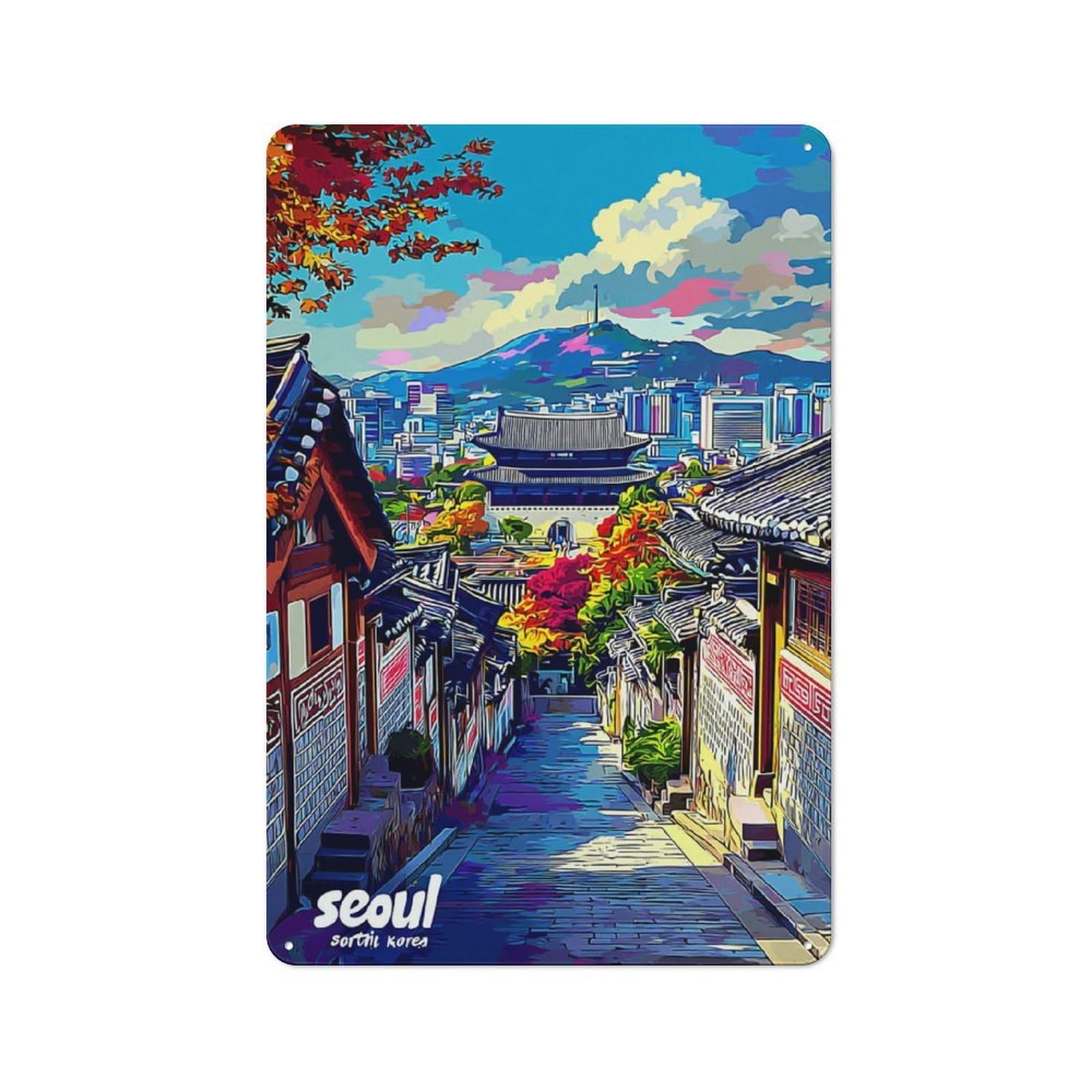 Seoul's Colorful Streetscape Loft Style Metal Wall Decor 30x20cm, Decorative Metal Plaque for Loft, Studio, Office Or Creative Room