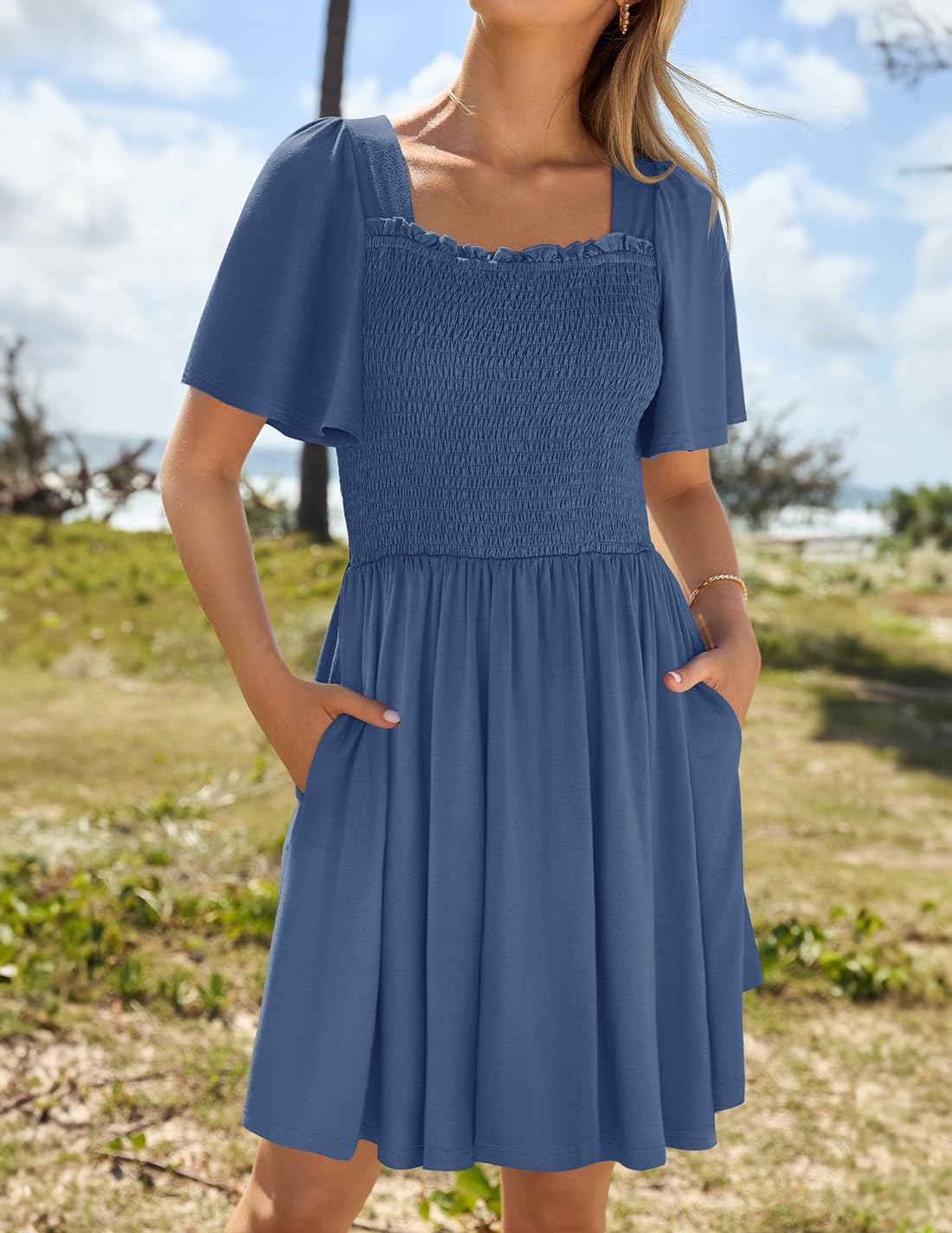 ZESICA Women's 2026 Summer Casual Mini Dress Flutter Short Sleeve Square Neck Smocked Tiered Ruffle Flowy Dresses - Image 2