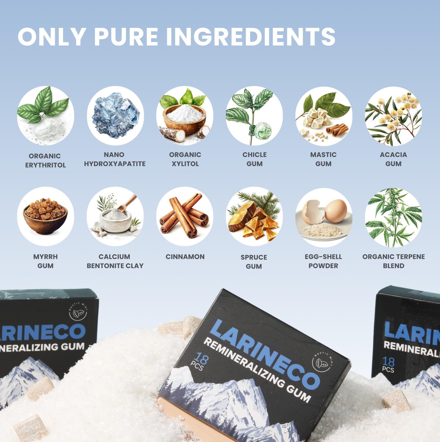 Larineco Remineralizing Gum with Nano Hydroxyapatite Xylitol Sugar-Free Xylitol Gum Plastic-Free Dye-Free Aspartame-Free Natural Base 36 Pieces Mastic — view 6
