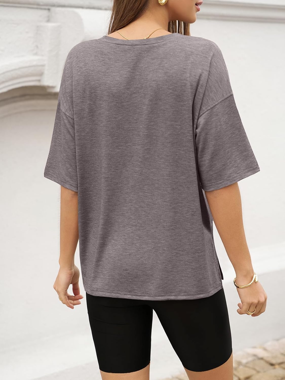 UNCLECAT Oversized Tshirts for Women V Neck Short Sleeve Tops Summer Athletic Casual Loose Fit Side Slit Basic Tee - Image 4