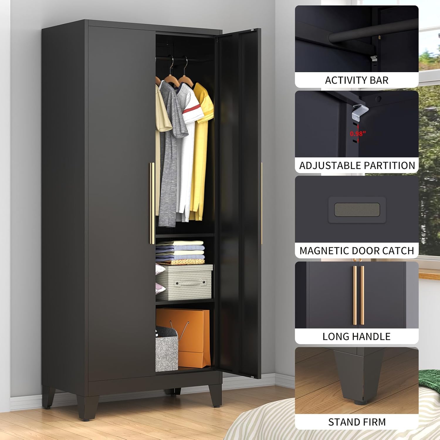 75.3" Tall Metal Armoire Wardrobe Closet with 2 Doors, Adjustable Hanging Rod & 2 Adjustable Shelves, Freestanding Storage Cabinet Organizer for Bedroom, Office, Laundry Room, Black