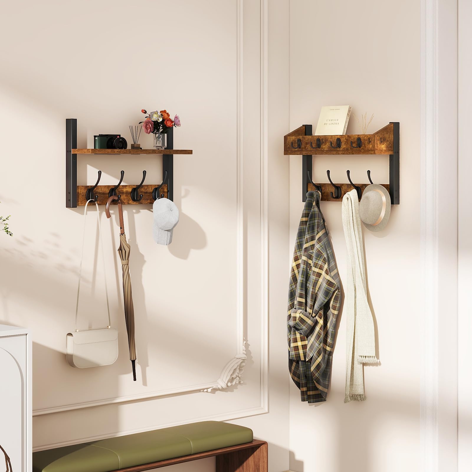 YMYNY 4 in 1 Appendiabiti da Parete con Mensola Design, Attaccapanni da Muro in Legno con 12 Ganci Moderno per Ingresso, Cameretta e Bagno, Marrone Rustico, HWS007H-2
