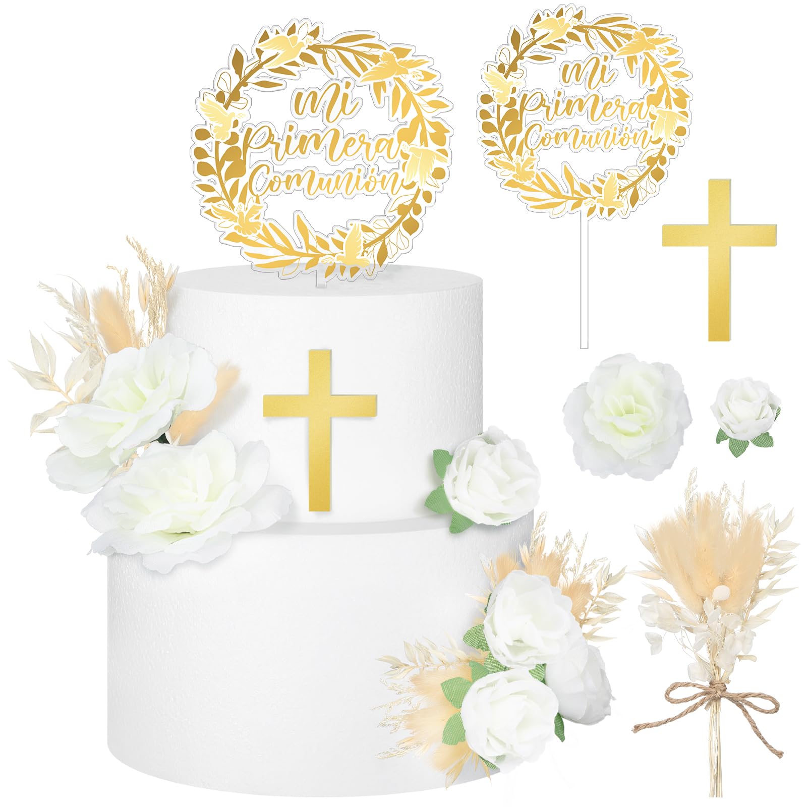 9 Pcs Mi Primera Comunion Cake Topper Gold Cross and Dried Flower Decor Set First Holy Communion Baptism Cake Pick Religious God Bless Baptism Cake