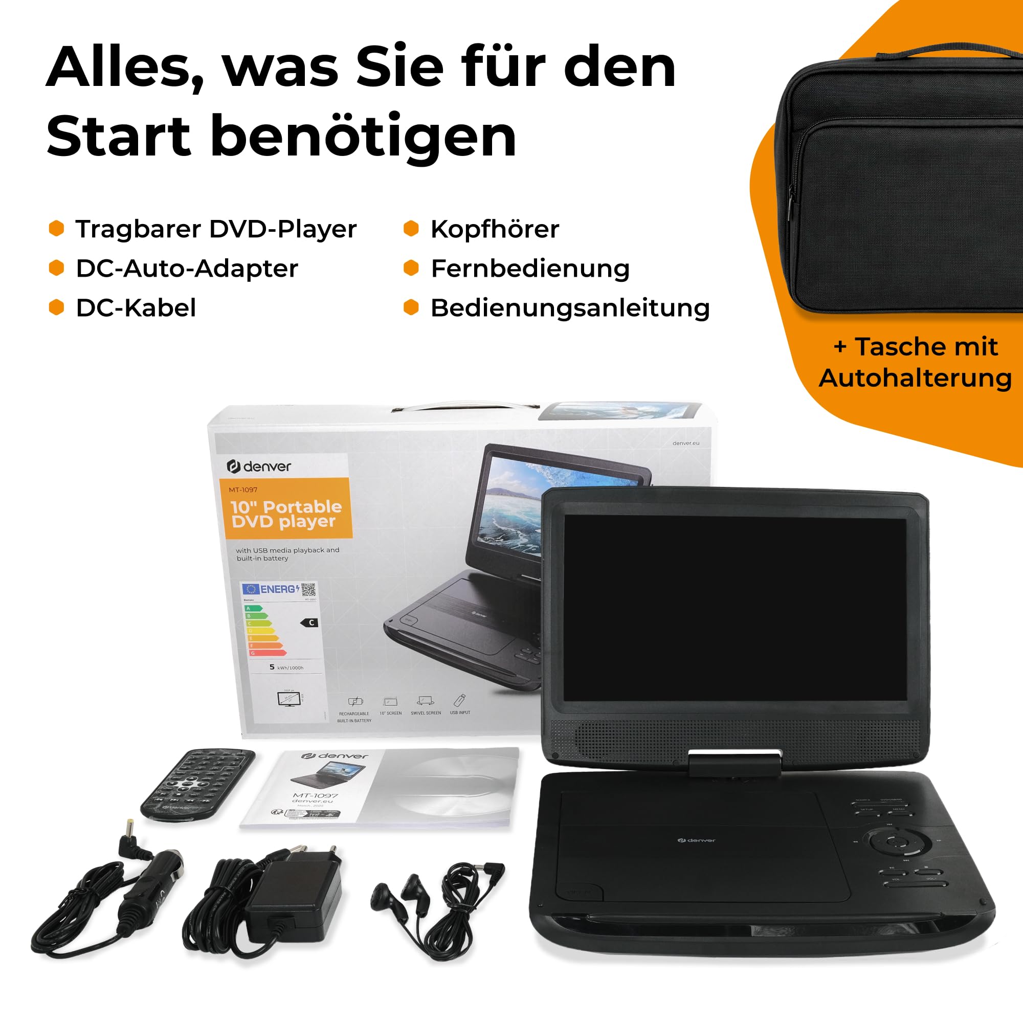 Denver MT-1097 Tragbarer DVD-Player 25.4cm 10 Zoll EEK: C (A - G) Akkubetrieb, inkl. 12V Kfz-Anschlu